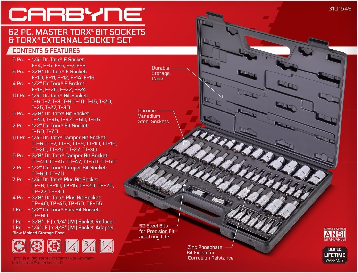 Genuine Licensed 62-Piece Torx Master Bit Socket Set with Corrosion Resistance