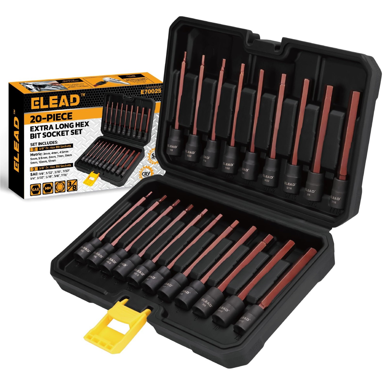 20-Piece Extra-Long Hex Bit Socket Set, 3/8″ Drive, S2 Steel, SAE & Metric Sizes