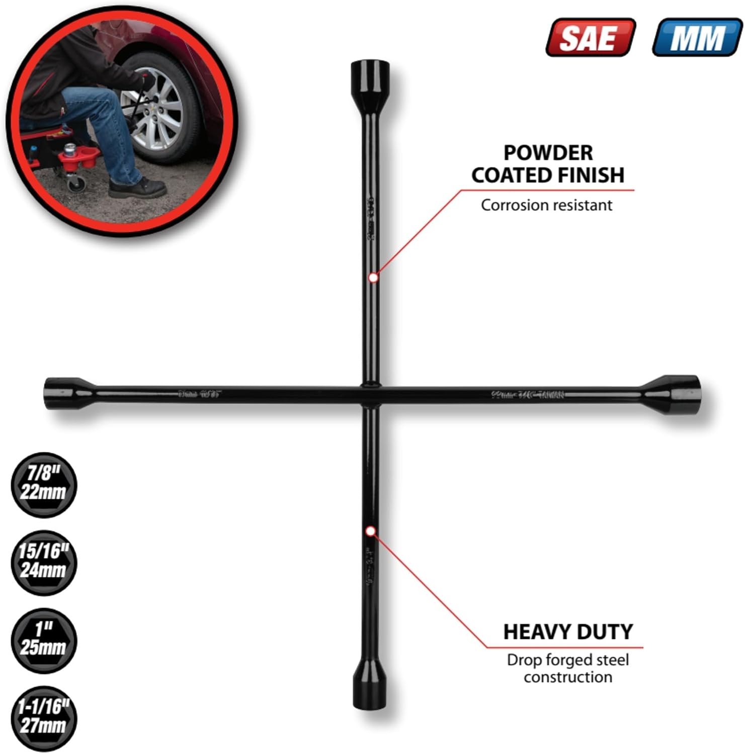 Durable 22-Inch 4-Way Lug Wrench with Four Sizes – Essential for Every Driver