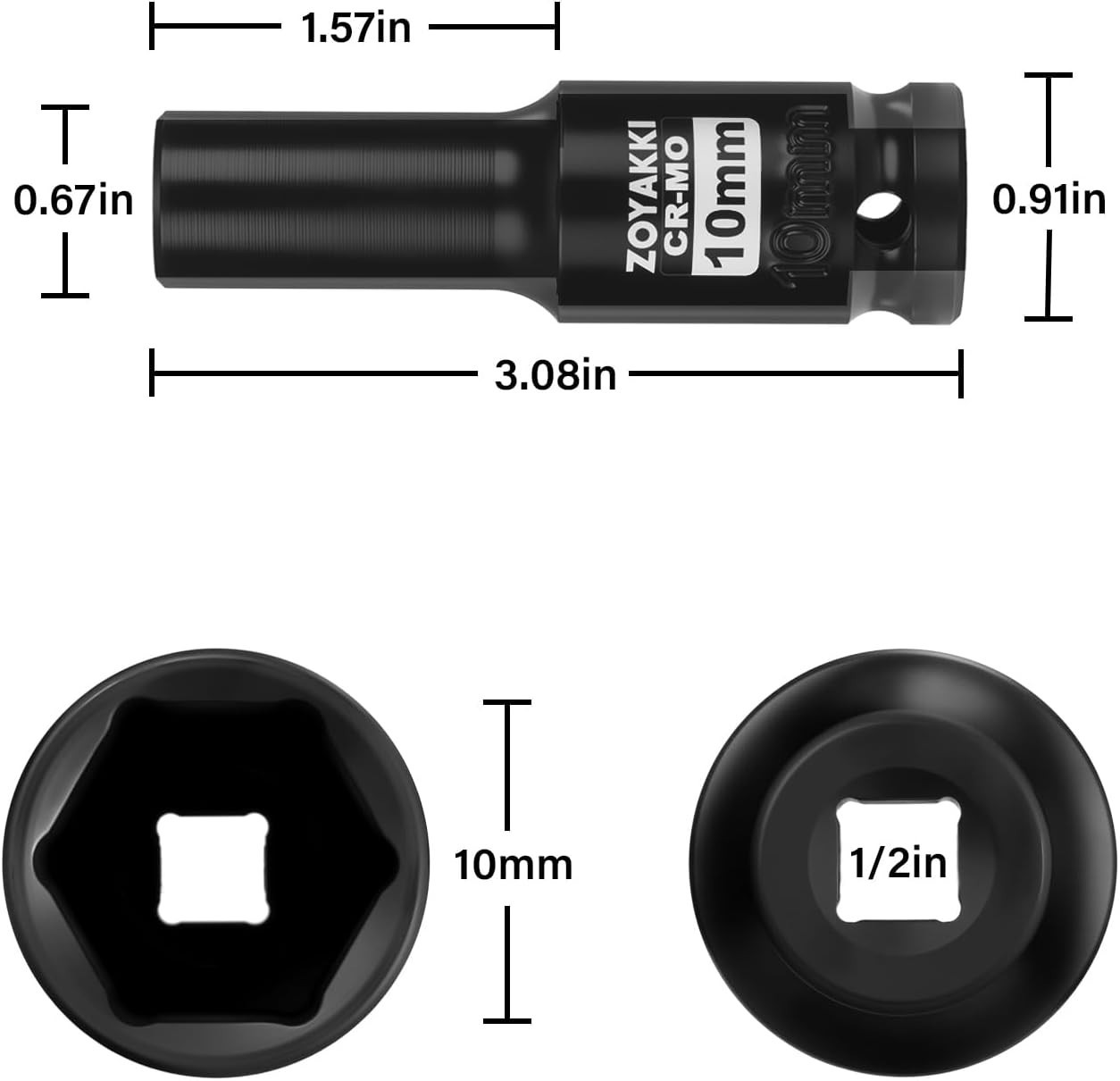 10mm Metric 6 PT Impact Socket for 1/2″ Drive – Laser-Etched for Precision