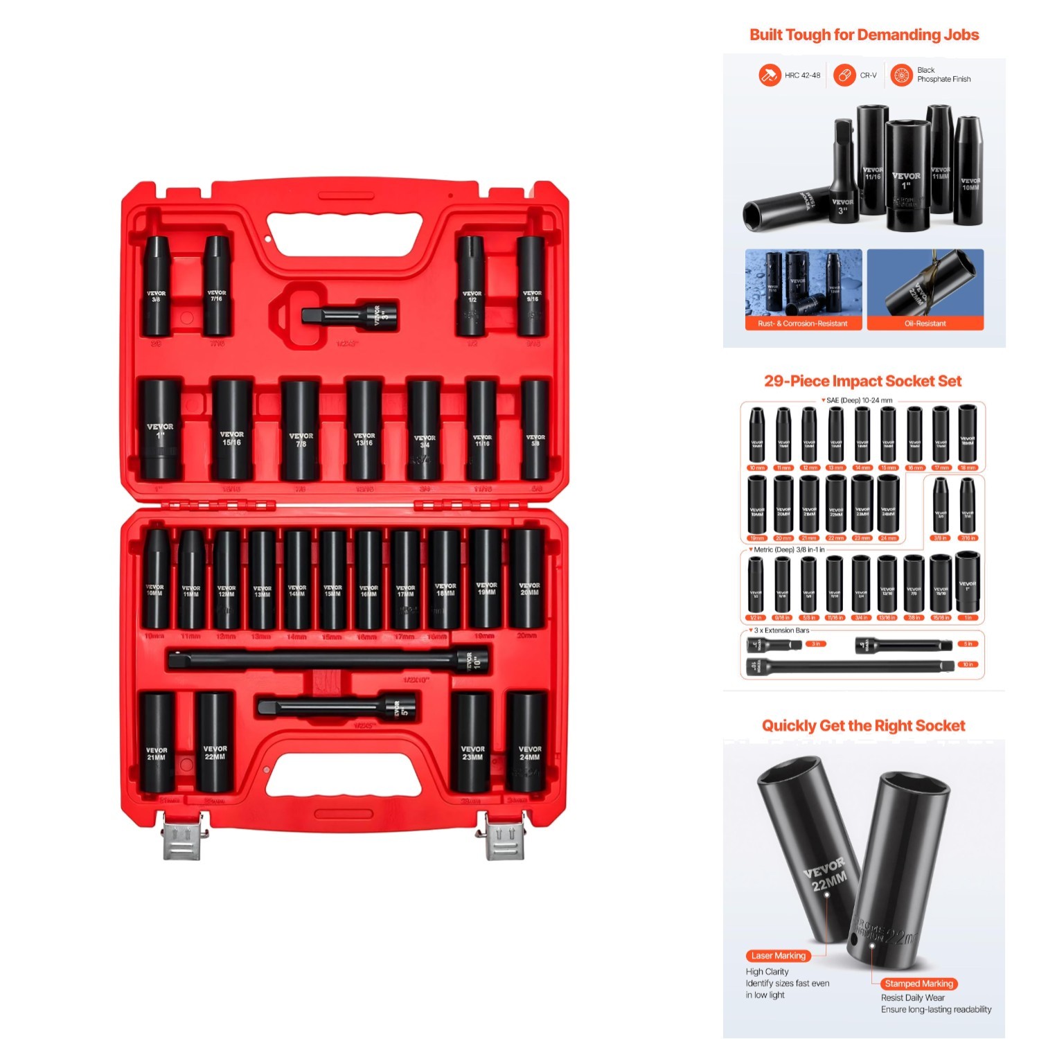 1/2″ Drive Impact Socket Set 29pc Deep Standard SAE Metric 6-Pt CR-V Extension
