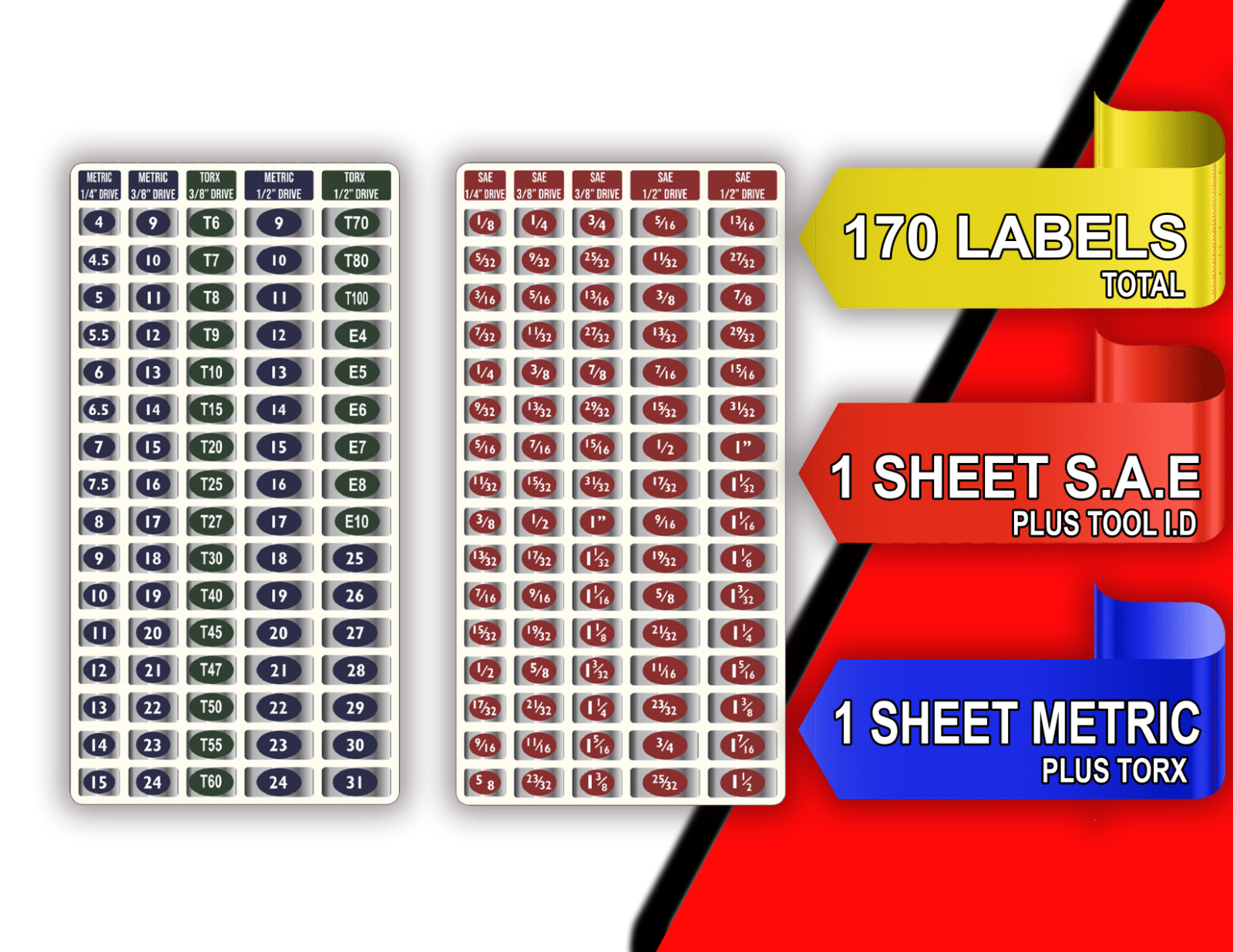 Economy Master Set 170 Chrome Foil Socket Labels – Metric – SAE Torx – 2 Sheets