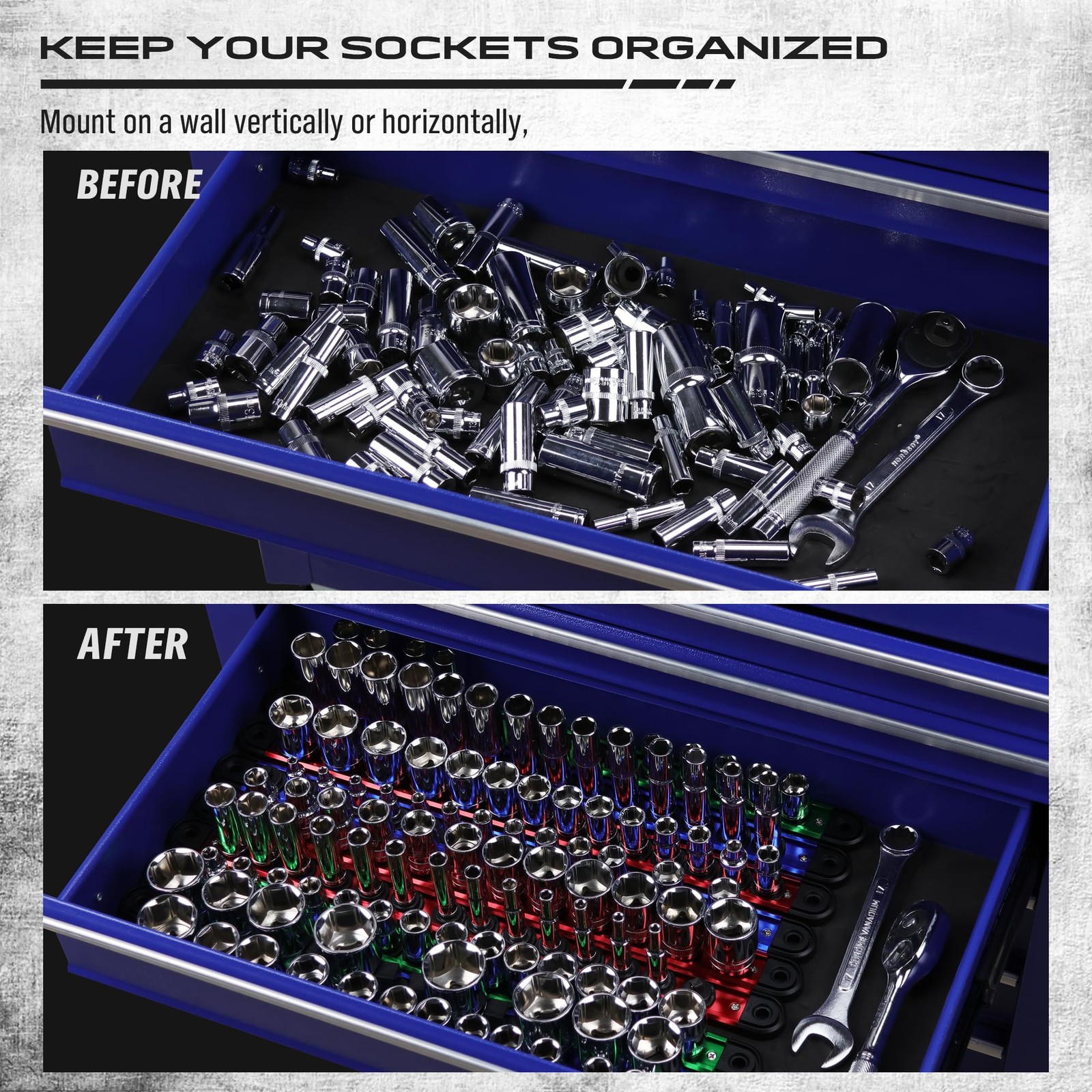 Magnetic Socket Holder Organizer Set: 9-Piece 1/2,1/4,3/8, Blue Red Green