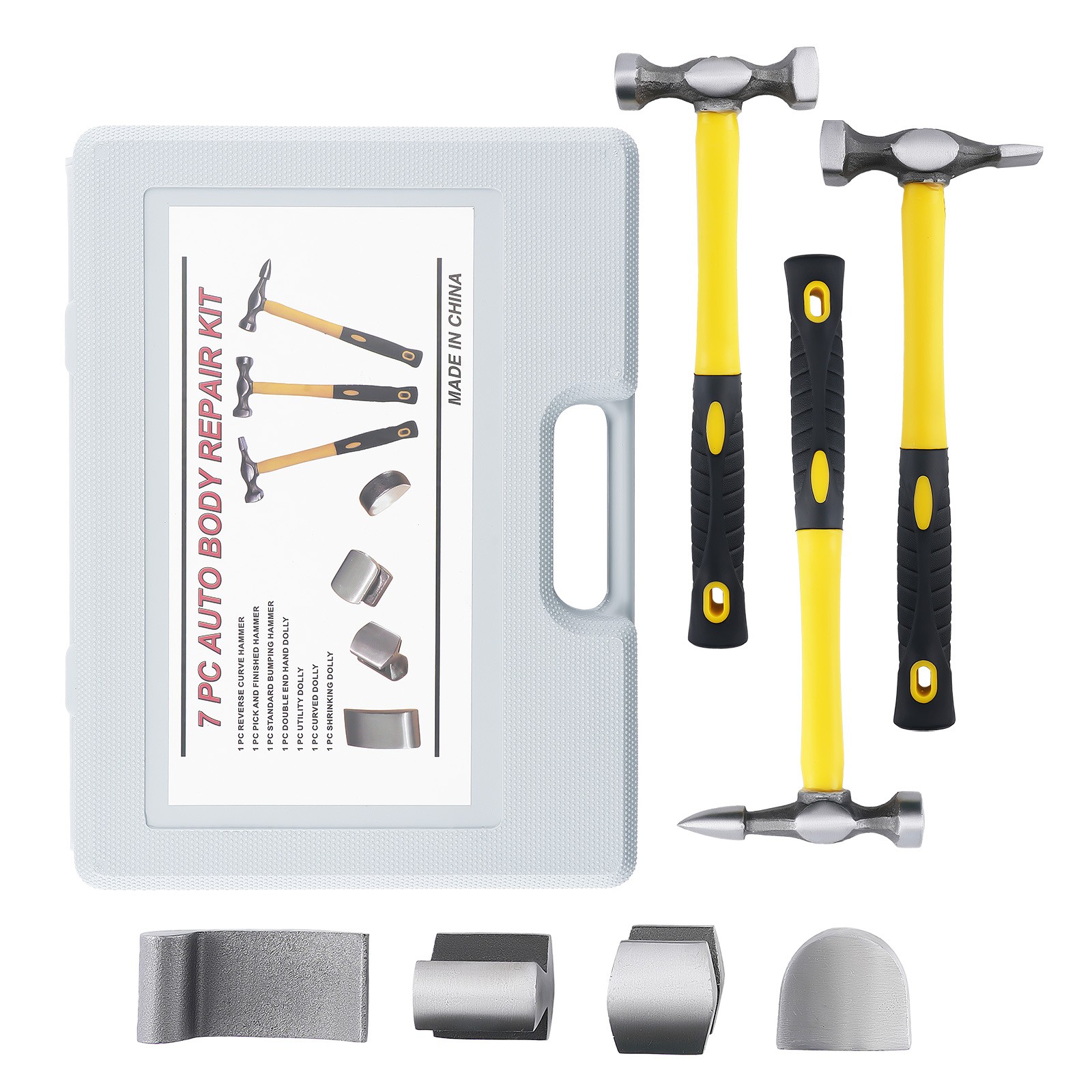 7PC Car Body Repair Tool Kit Panel Beating Hammer Dolly Set Steel Fiberglass