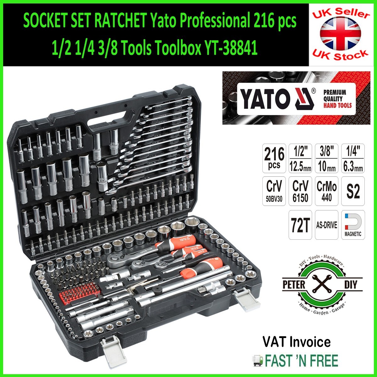SOCKET SET RATCHET Yato Professional 216 pcs 1/2 1/4 3/8 Tools Toolbox YT-38841