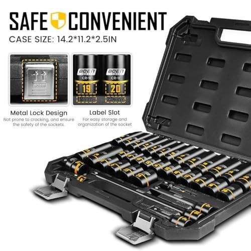 36PCS 1/2″ Drive Impact Socket Set – Metric Deep & Shallow Sockets, 6 Point, Ext