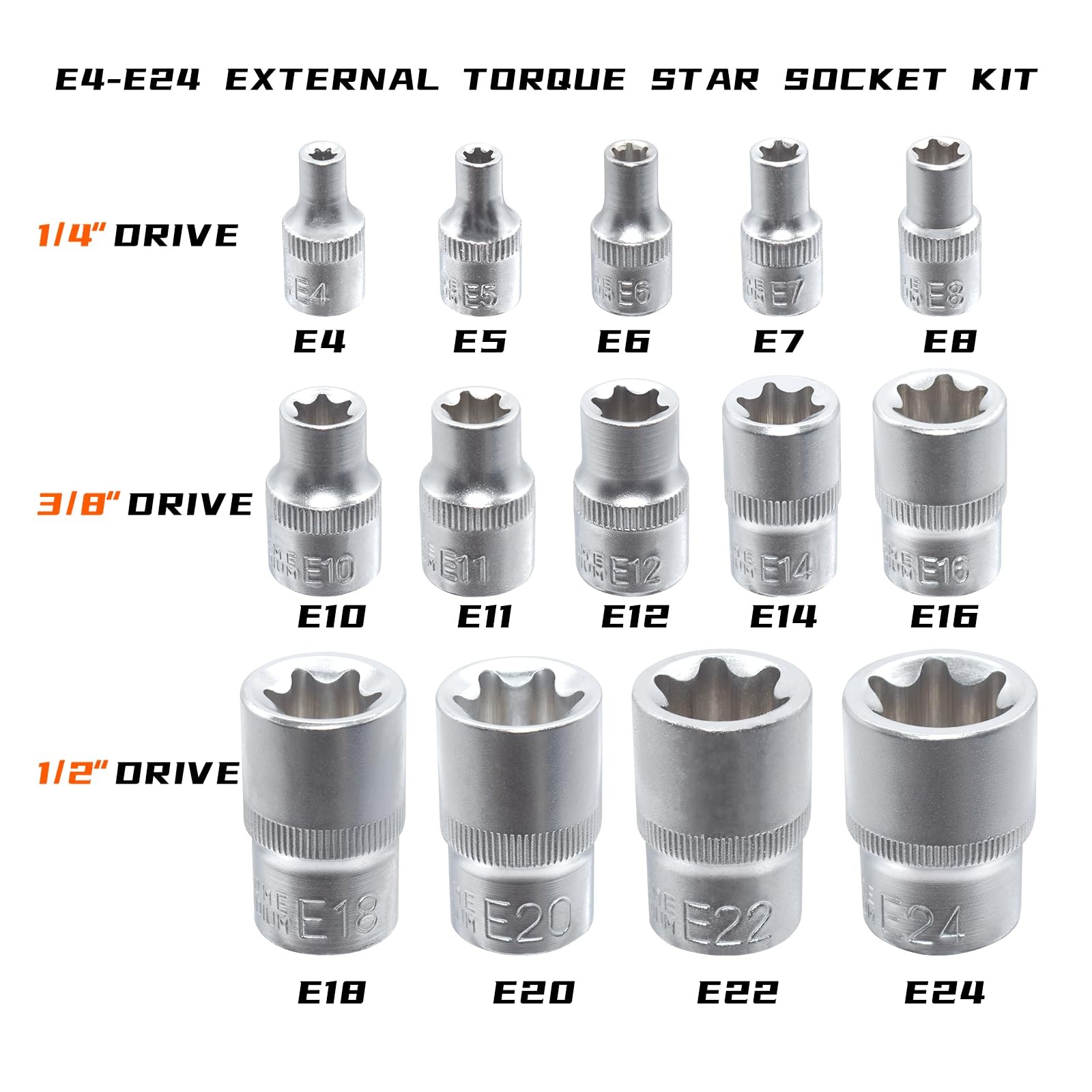 Yuesstloo E-Torx Socket Set, 14 Piece Female 14 PCS – E Socket, Blue Case