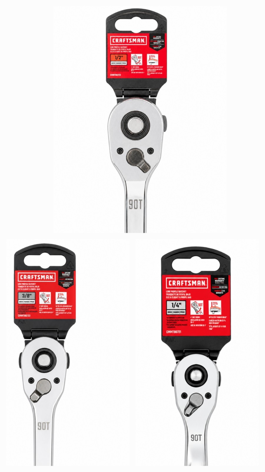 NEW Craftsman Set Of 1/4, 3/8, And 1/2 Chrome 90 Tooth Ratchets