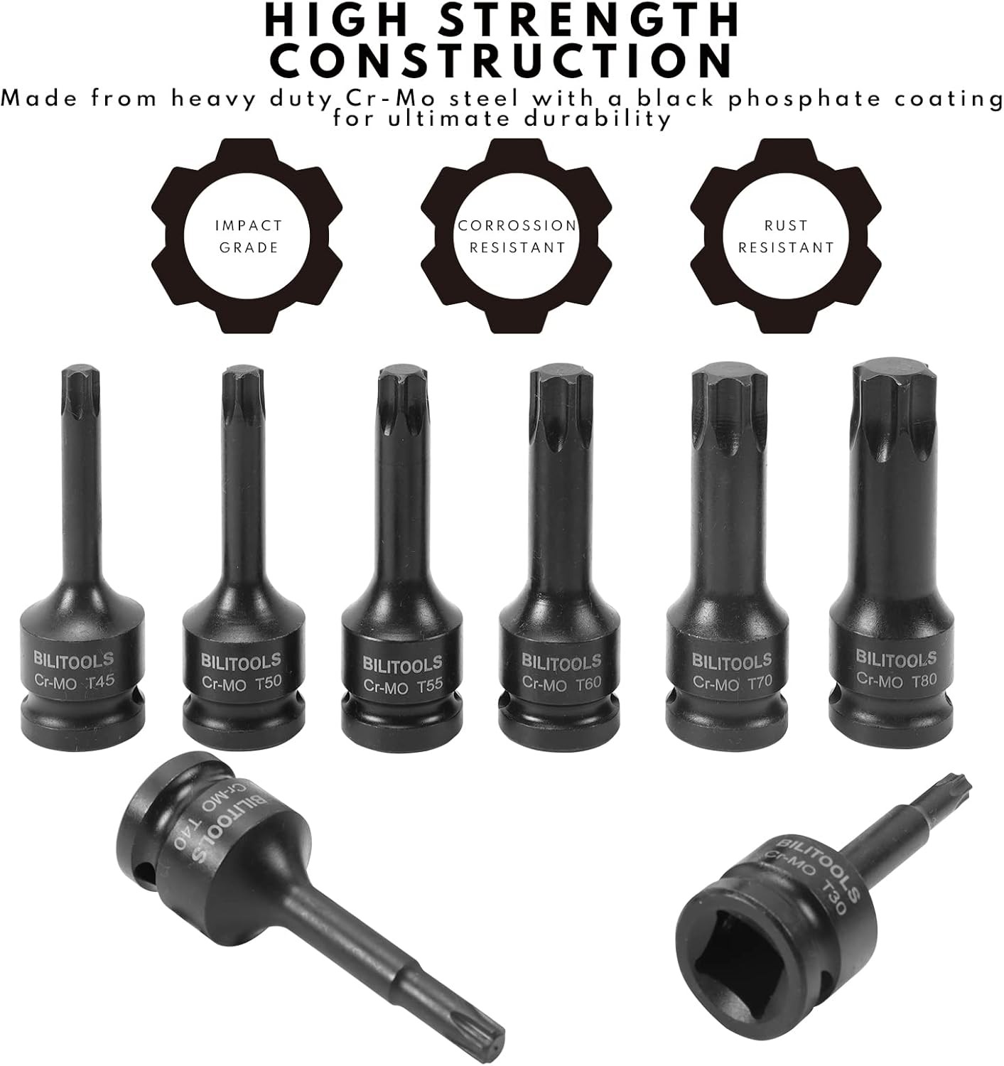 BILITOOLS 8-Piece T35, T40, T45, T50, T55, T60, T70, T80, Torx Bit Socket Set