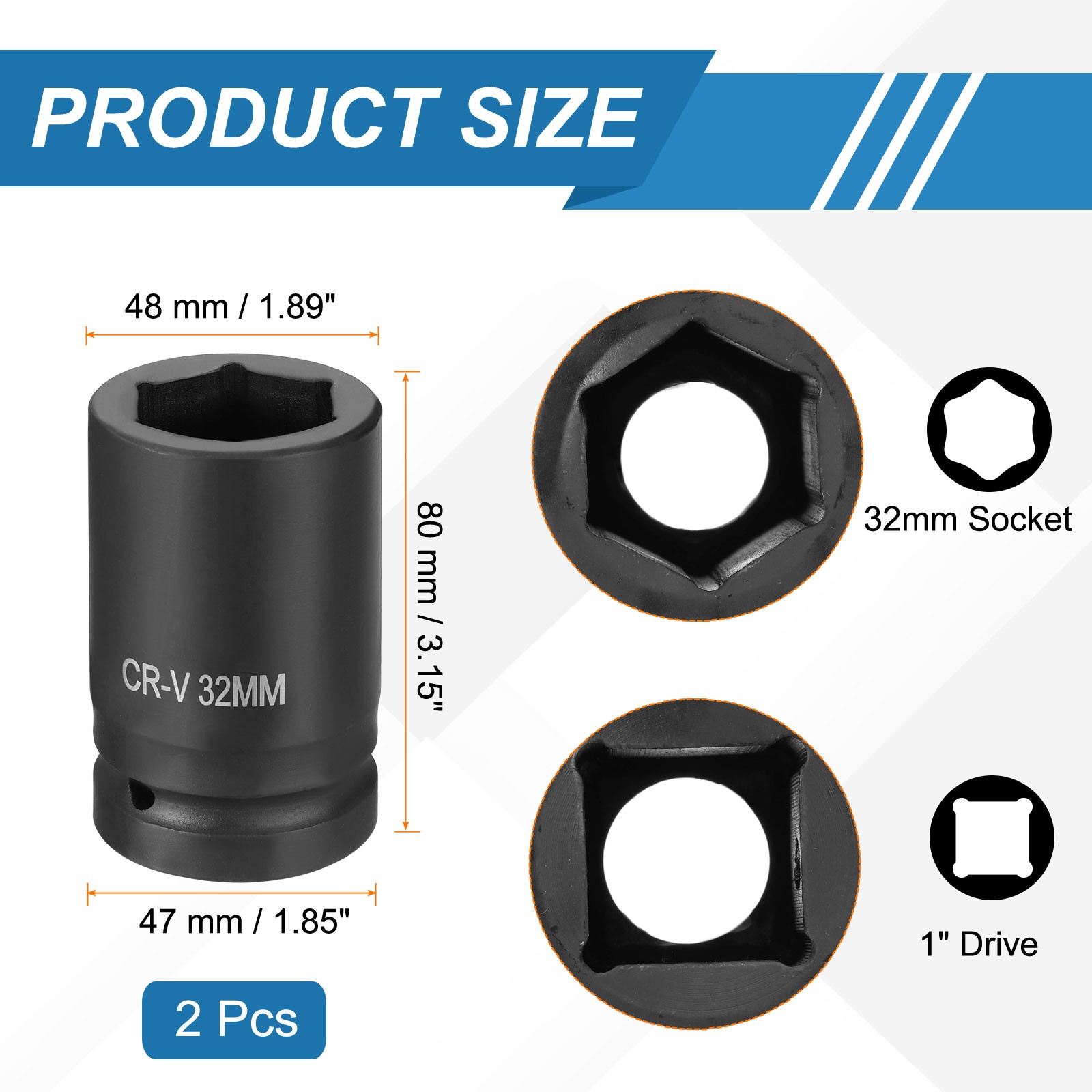 2pcs 1 Inch Drive 32mm 6 Point Impact Socket Chromium Vanadium Steel