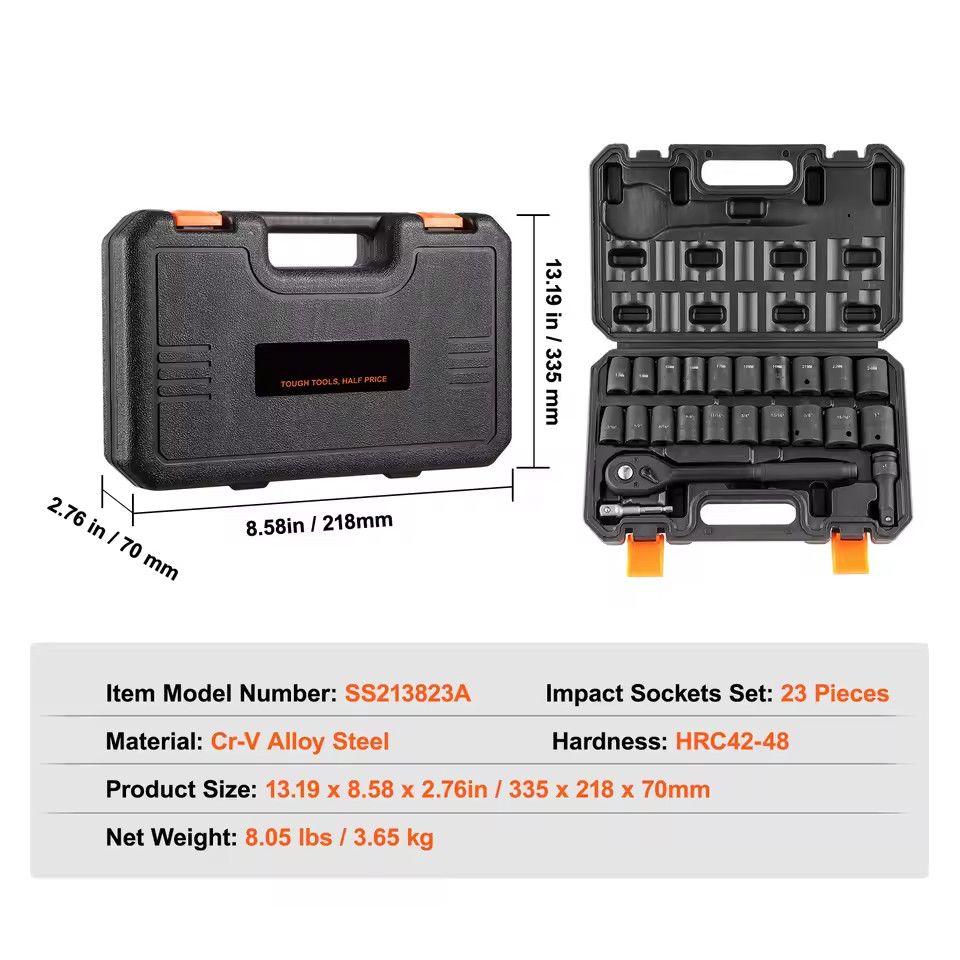 VEVOR Impact Sockets Set 23pcs 6-Point 1/2in Drive Bit Ratchet Tool Kit Case