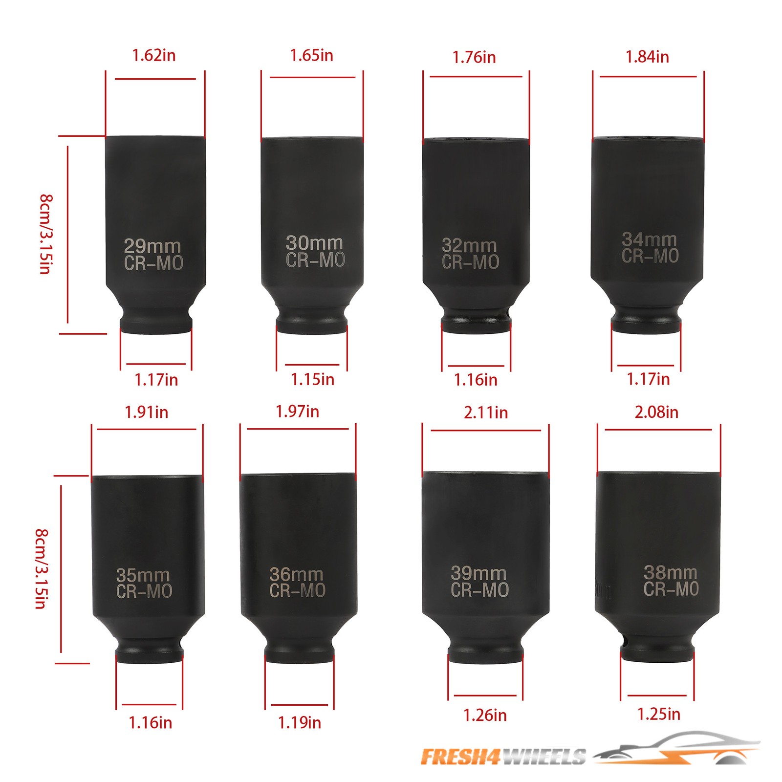 8Pcs 1/2″ Impact Socket Set 12 Point 29-39mm Drive Deep Spindle Axle Nut w/ Box