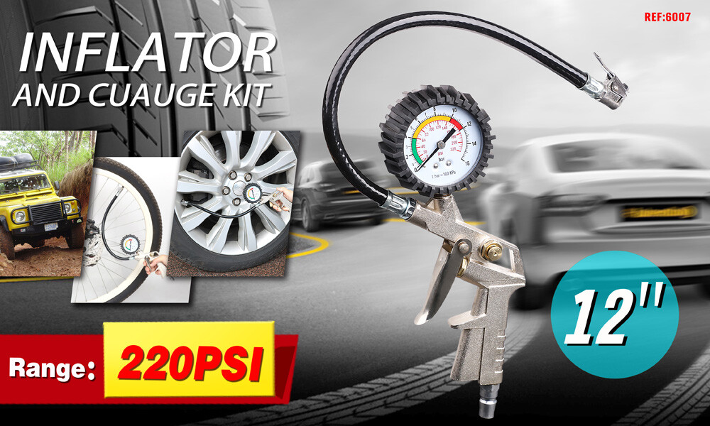 Dial Tire Inflator Gauge Flexible Hose 220 PSI Pistol Style Air Chuck Pneumatic