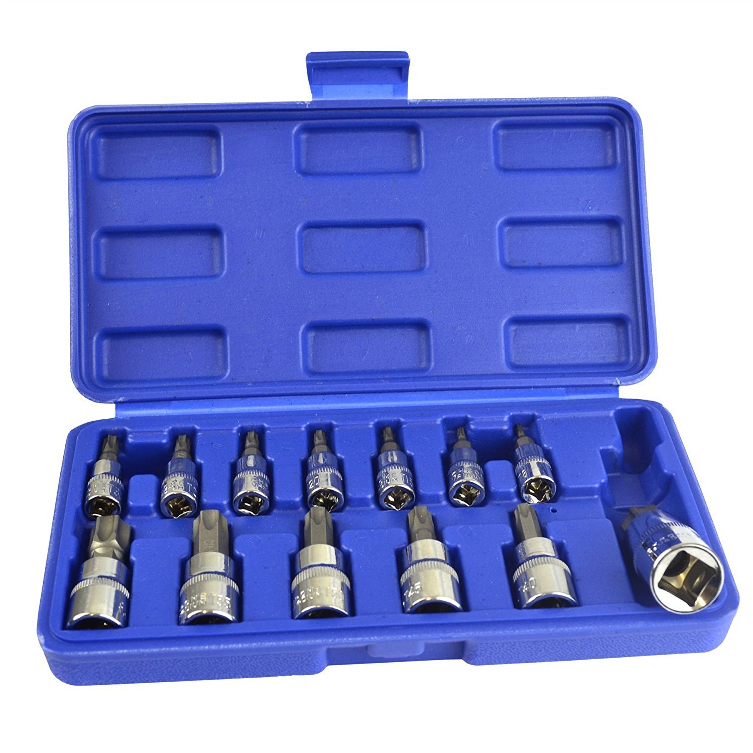 13pc Tamper Proof Torx Star Bit Socket Set 1/4, 3/8, and 1/2″ Drive With Case
