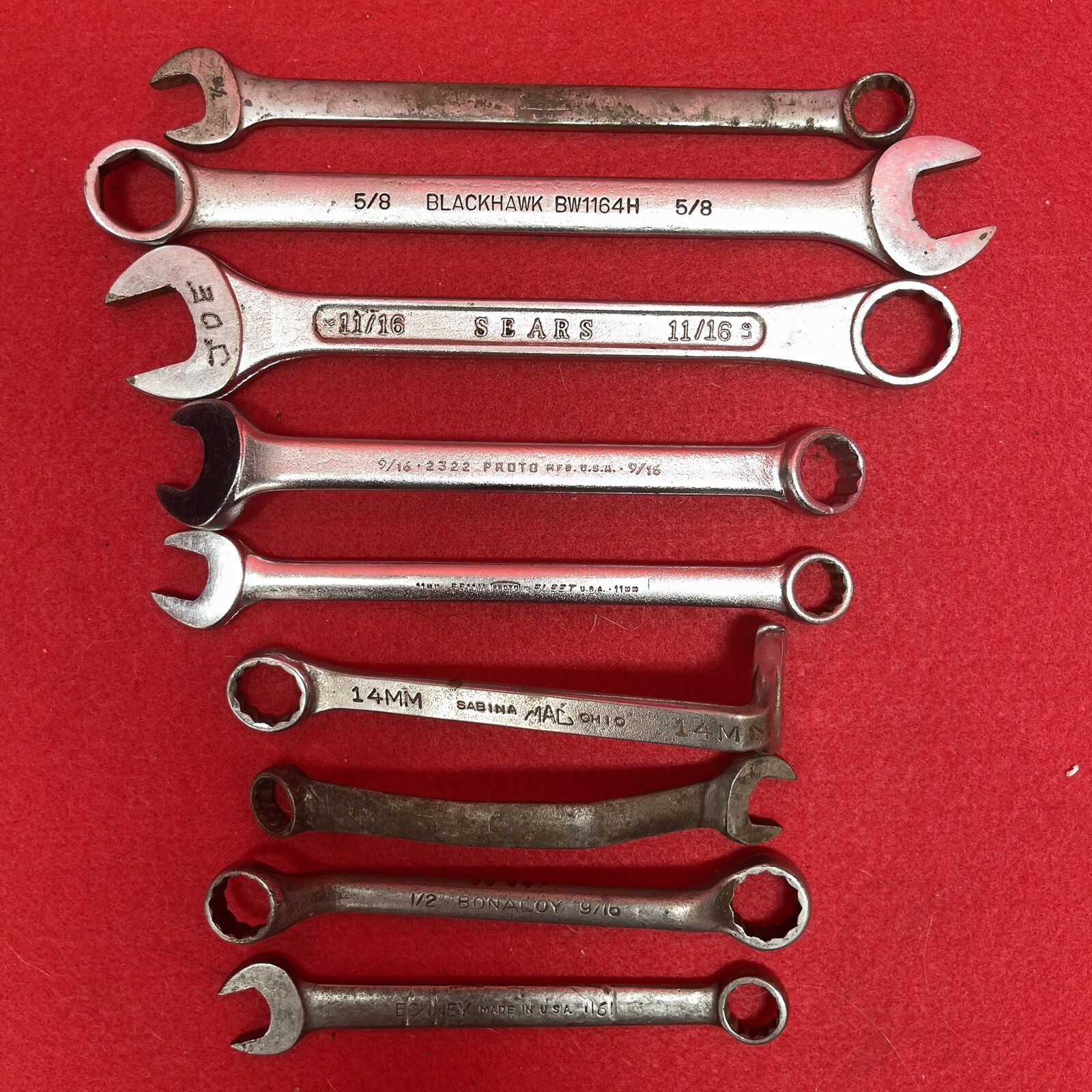 Snap on Lot of 9 MAC Proto Sears BluePoint Bonney Combination Wrenches Mechanic