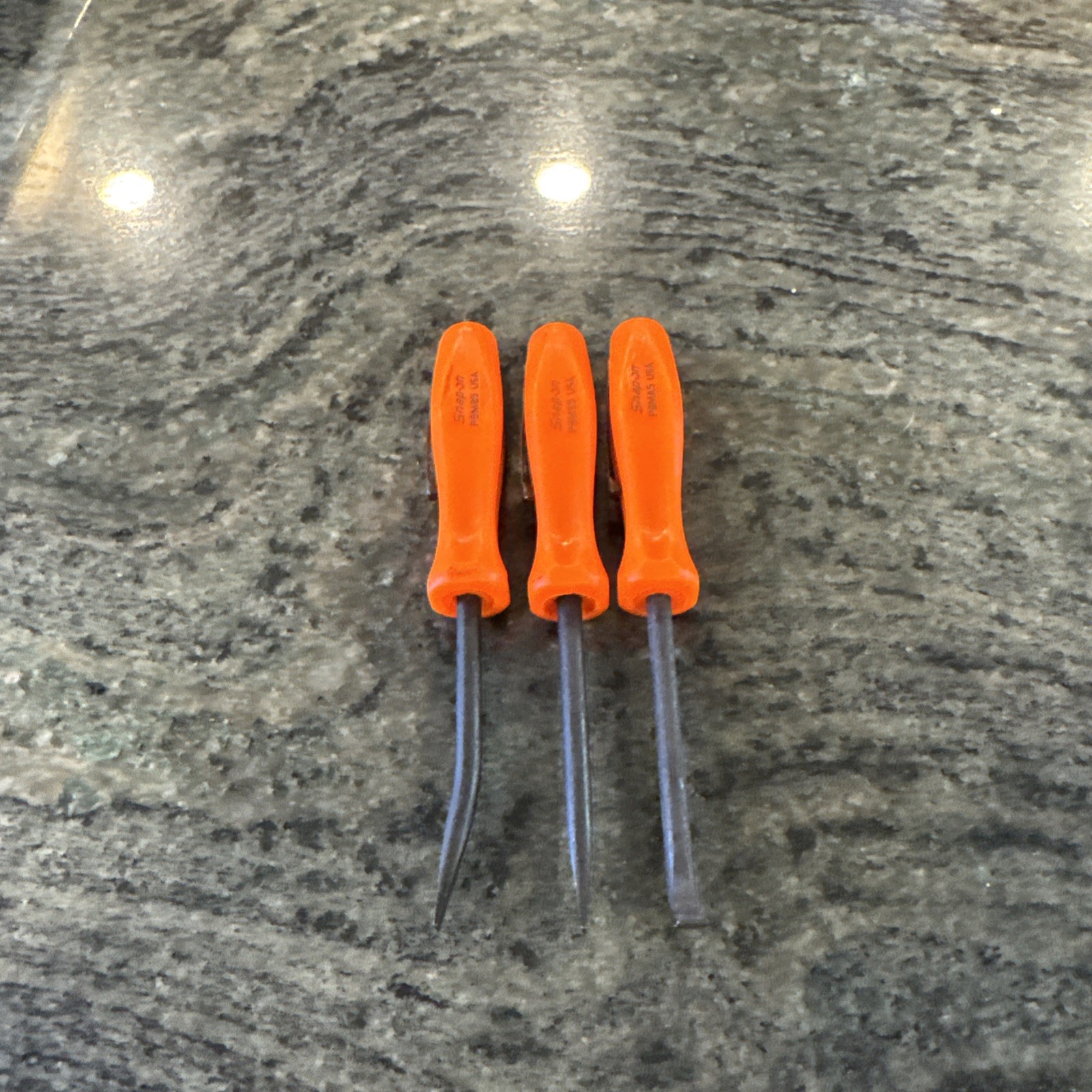snap on 3 pc orange 5” mini poket prybar set straight, bent, 90dg pbms5o,b5o,a5o