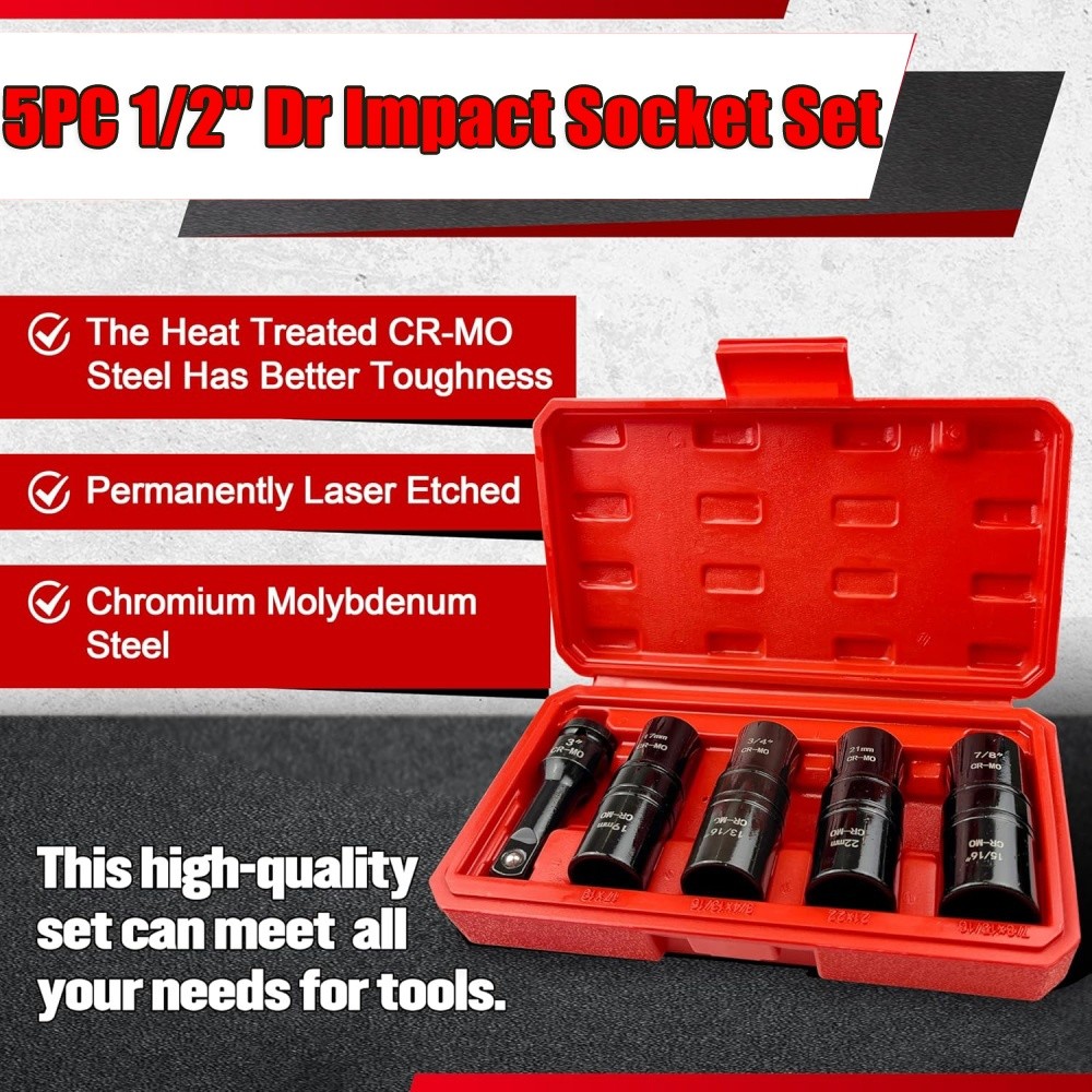 US Double Side Lug Nut Socket Set, 5Pc – 1/2-Inch Drive Flip Impact Sockets