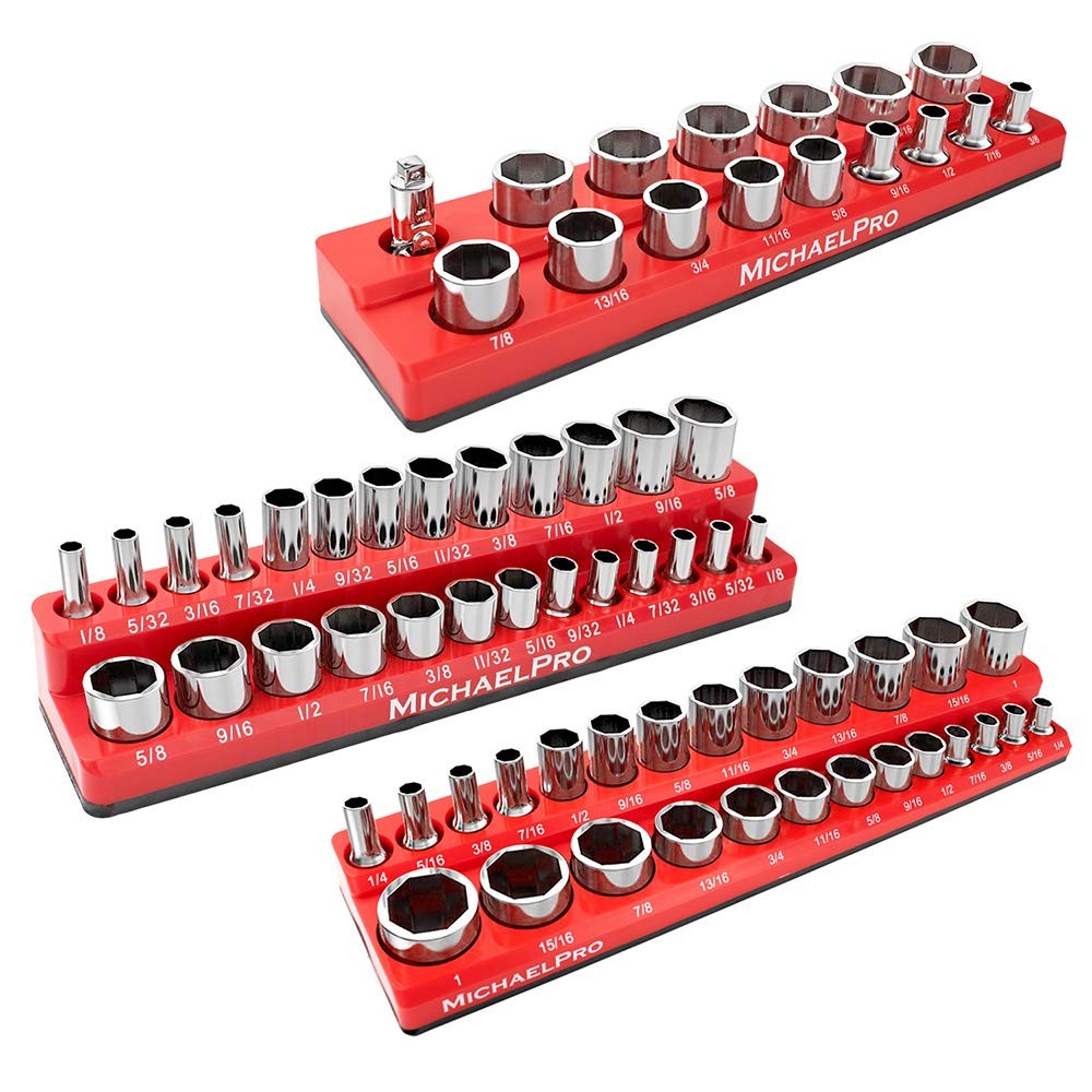 MichaelPro MP014003 3-Pc Magnetic Socket Organizer- 1/4-inch, SAE, Red