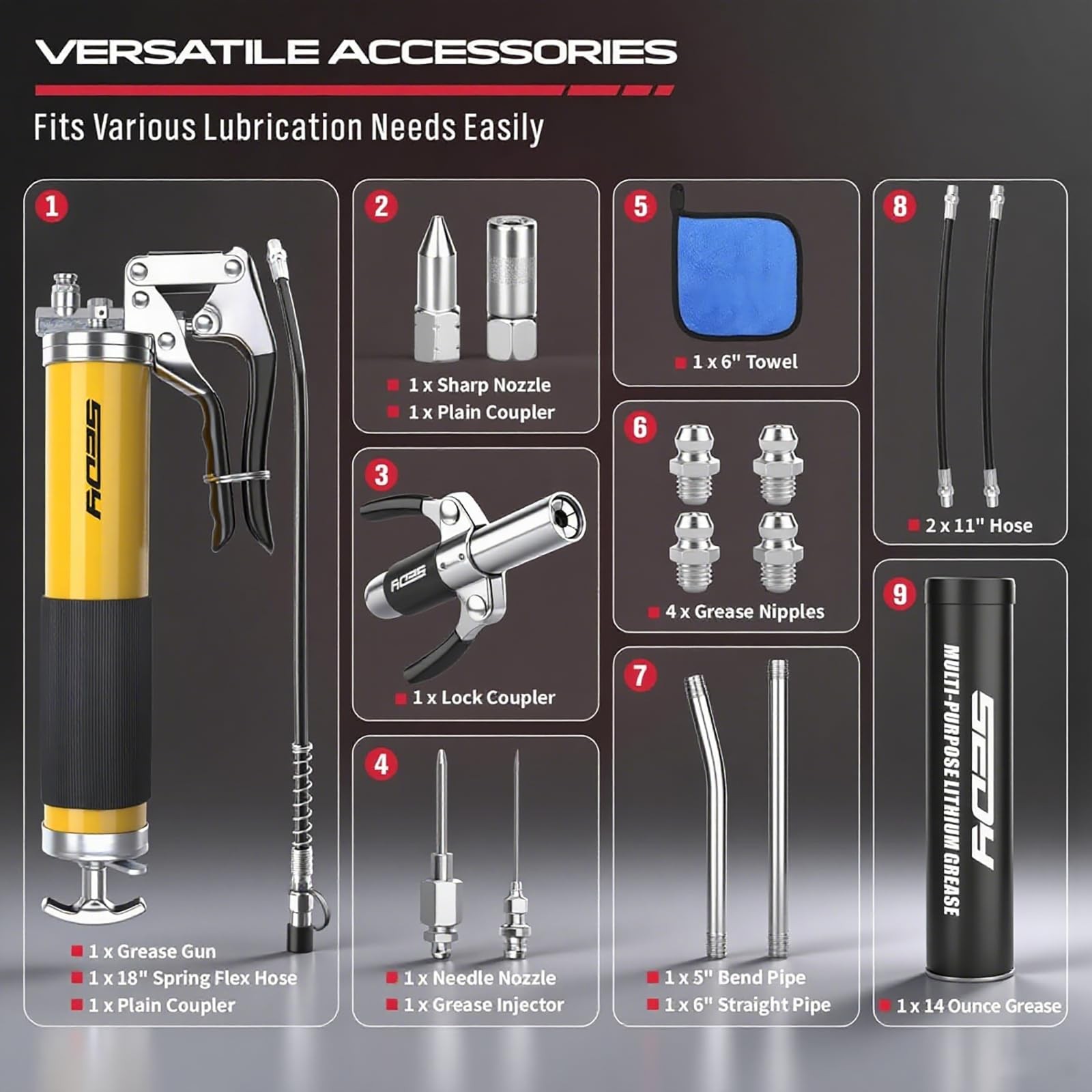 17-Piece Heavy Duty Grease Gun Kit: 14oz Tube Flexible New Version