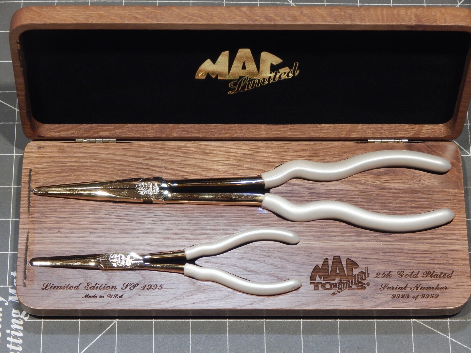 Mac 2Pc 24Kt Gold Plated Long Nose Pliers Set Pearl Grip Wood Box