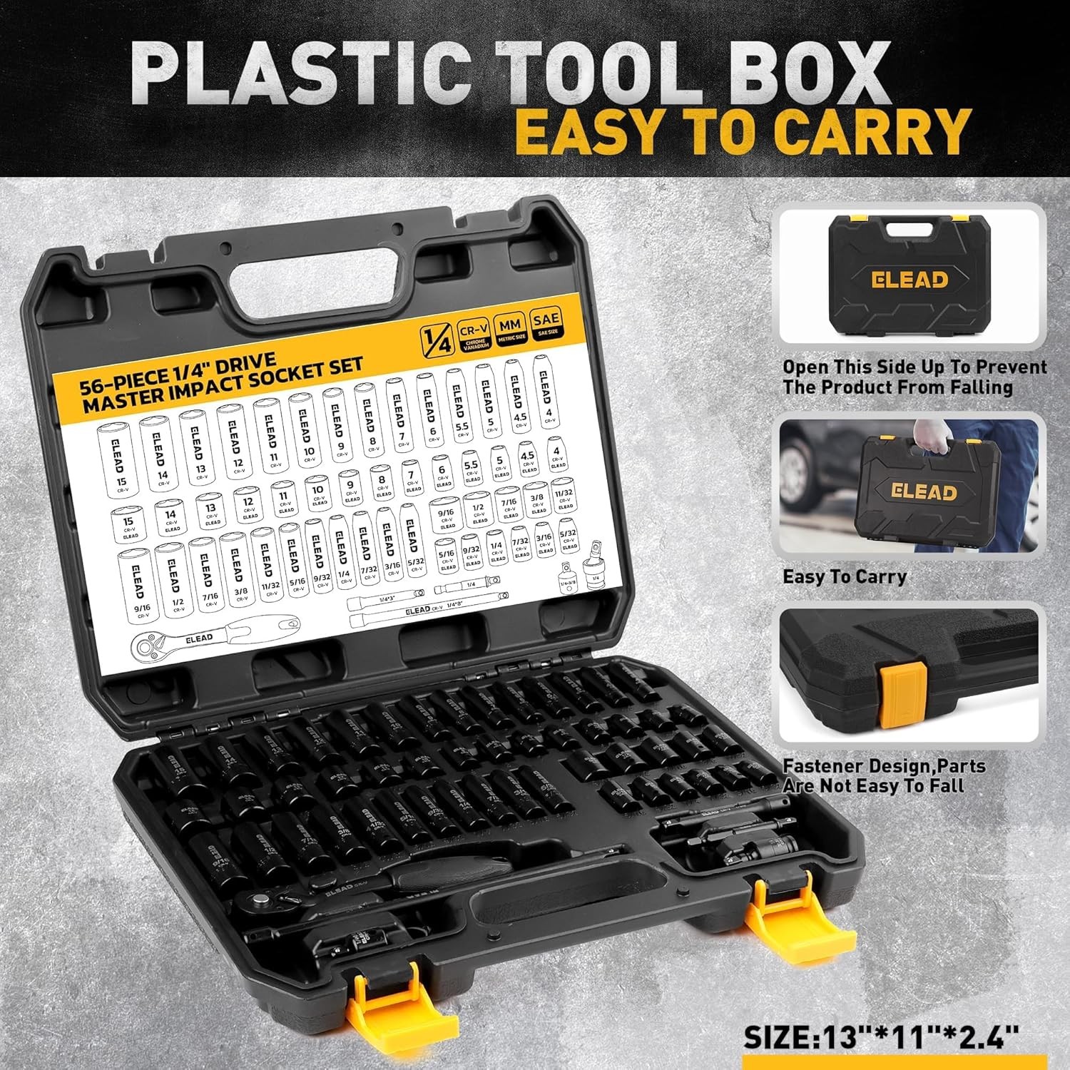 56pcs 1/4″ Drive Impact Socket Set with Case,SAE & Metric,Deep & Shallow,6-Point