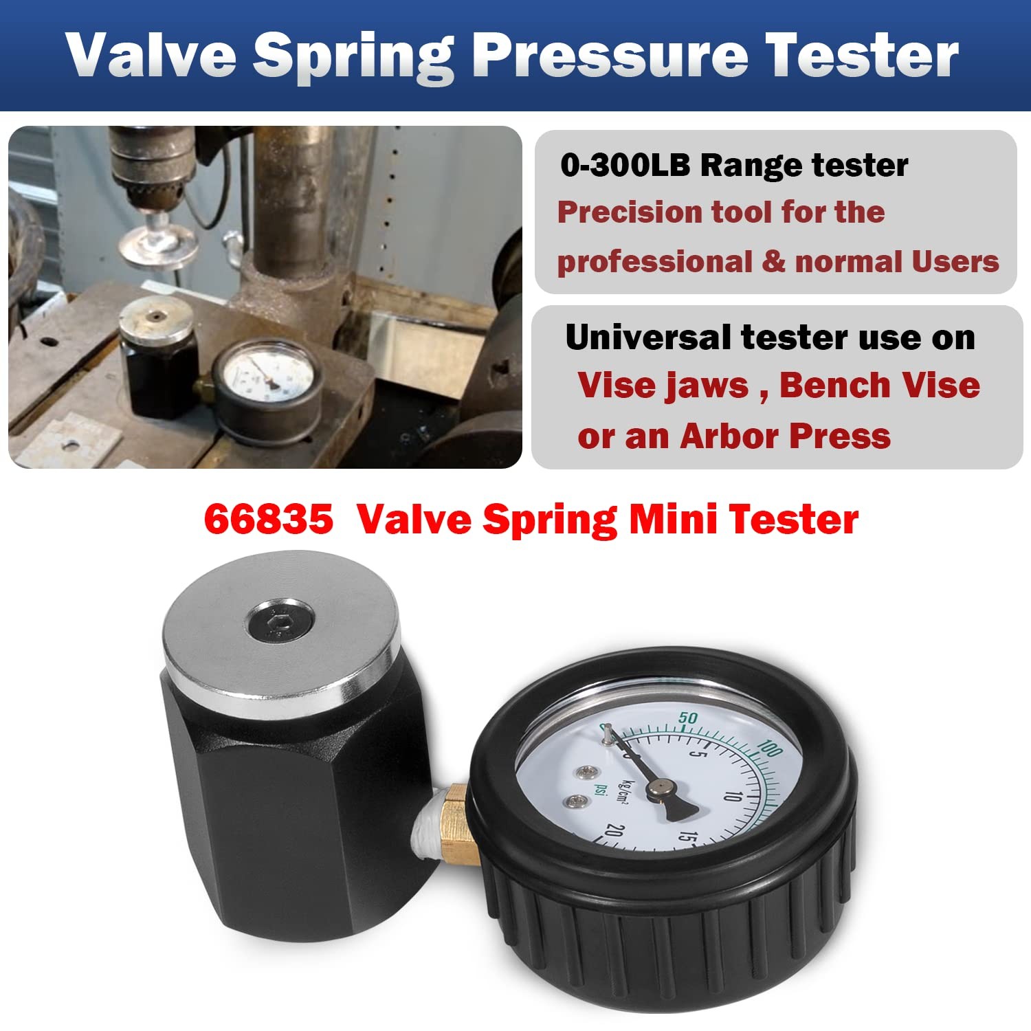 66835 Mini Valve Spring Pressure Tester, 0-300 lbs./in. Range 0-20 kg/cm²