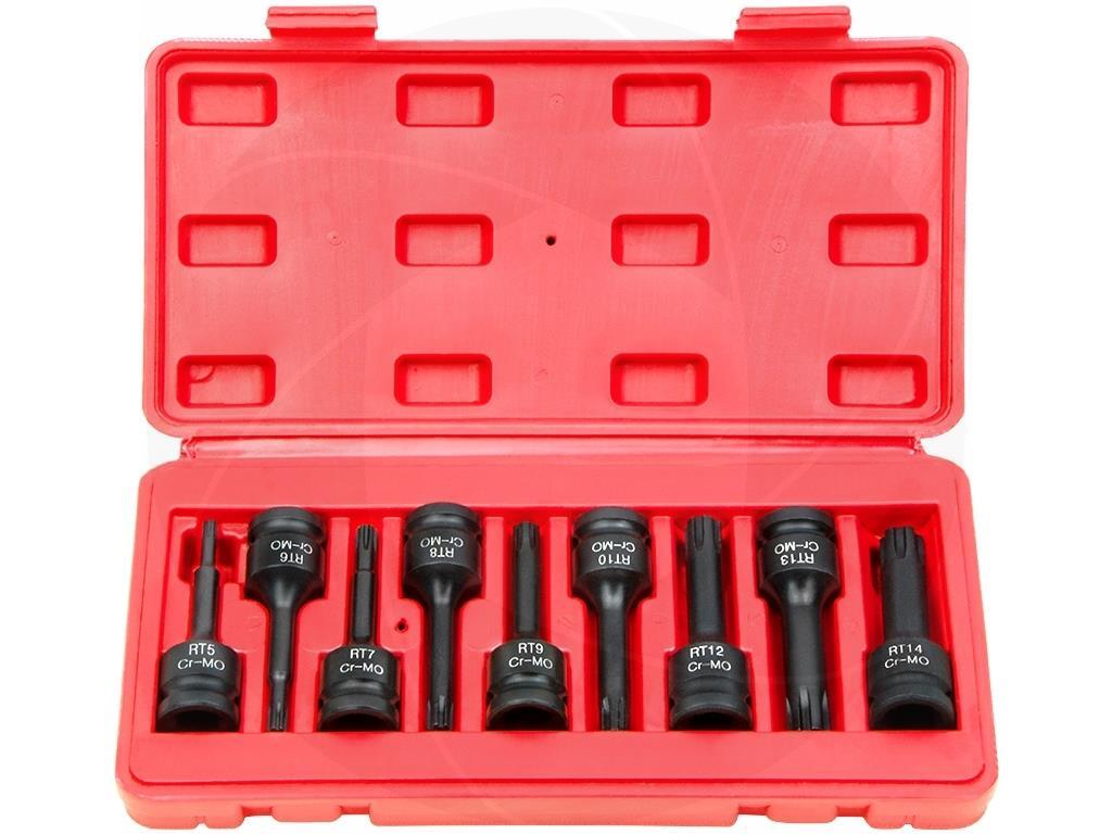 9pcs 1/2inch Drive Long RT5-RT14 Ribe Cr-Mo Impact Wrench Sockets Bits Set