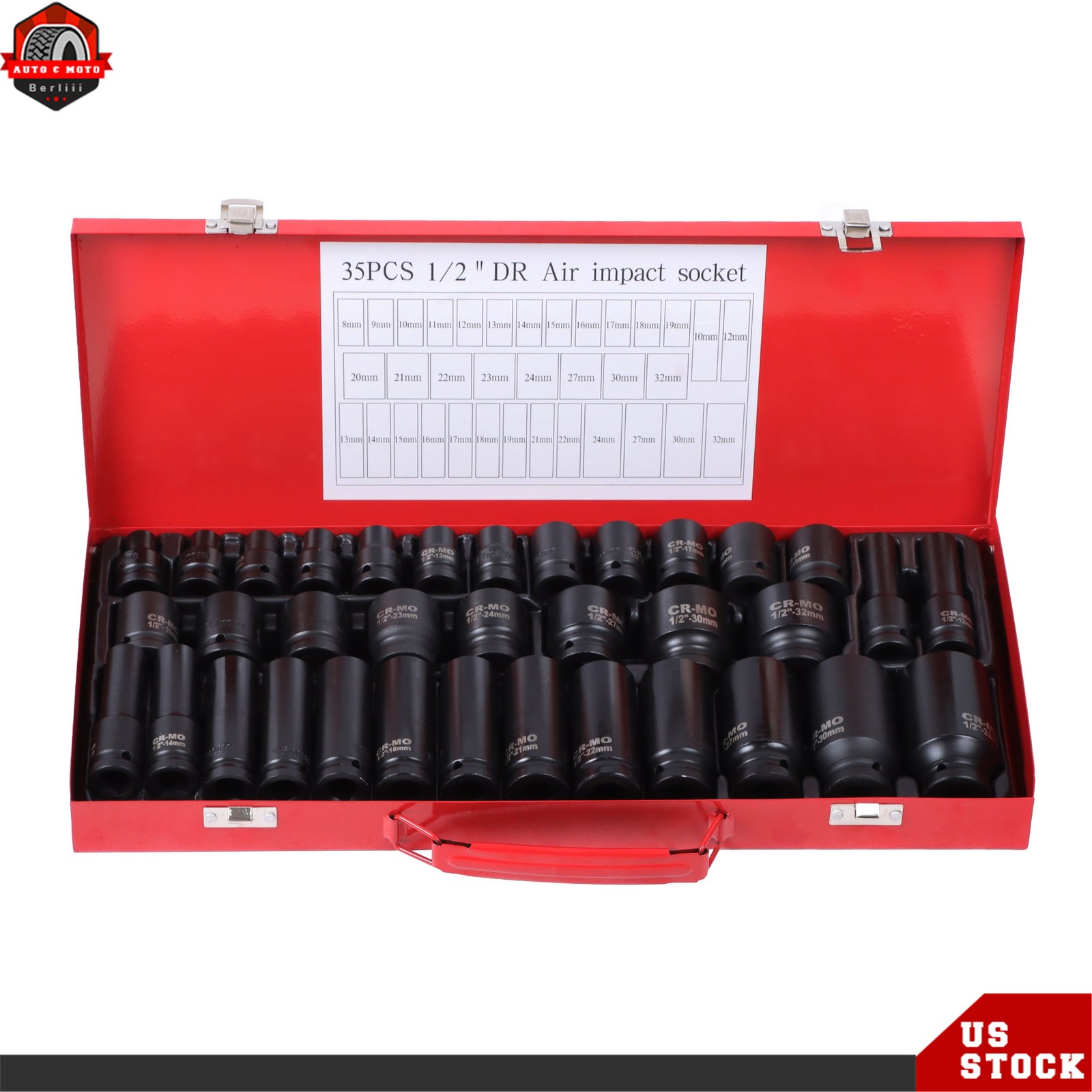 35pcs 1/2″ Inch Deep Impact Socket Set Drive 8-32mm Metric Garage With Case