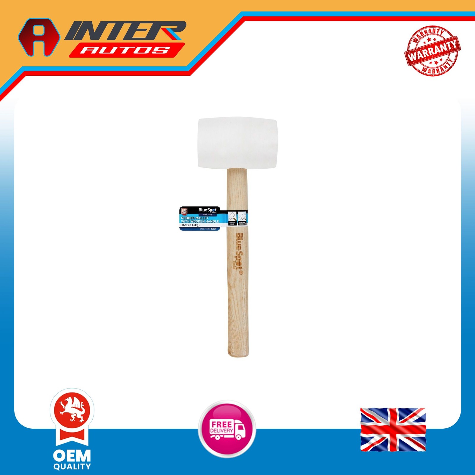 Blue Spot Tools 16oz (0.45kg) White Rubber Mallet with Wooden Handle