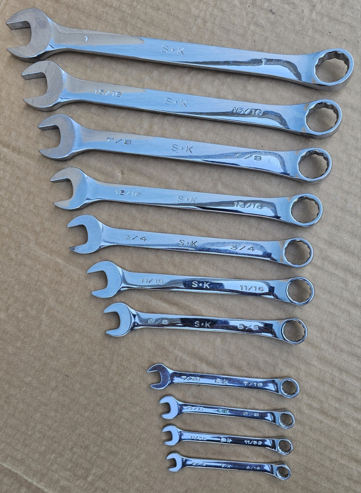 S-K Tool 11 pc. SAE Polished Chrome Combination Wrench Set Military Surplus