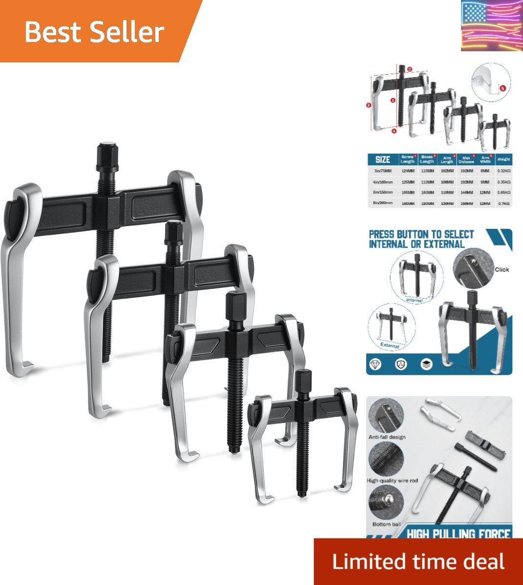 4 Pcs 2 Jaw Gear Puller Set 3in, 4in, 6in, 8in CR-V Steel
