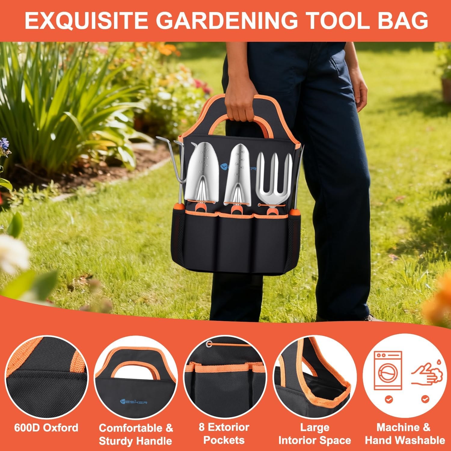 7-Piece Garden Tool Set Gardening Tools Non-Slip Ergonomic Handle Black Orange