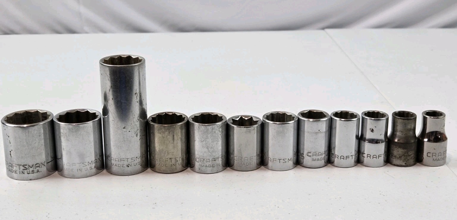 Craftsman Socket Set (12) Pc SAE Lot, 1/2″ Drive 6 Pt, 8 Pt, 12 Pt Assorted-READ
