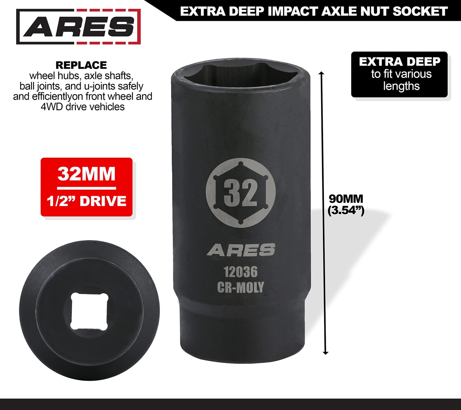 ARES 12036-32MM Axle Nut Socket – 6 Point – Extra Deep 32mm 6-Point