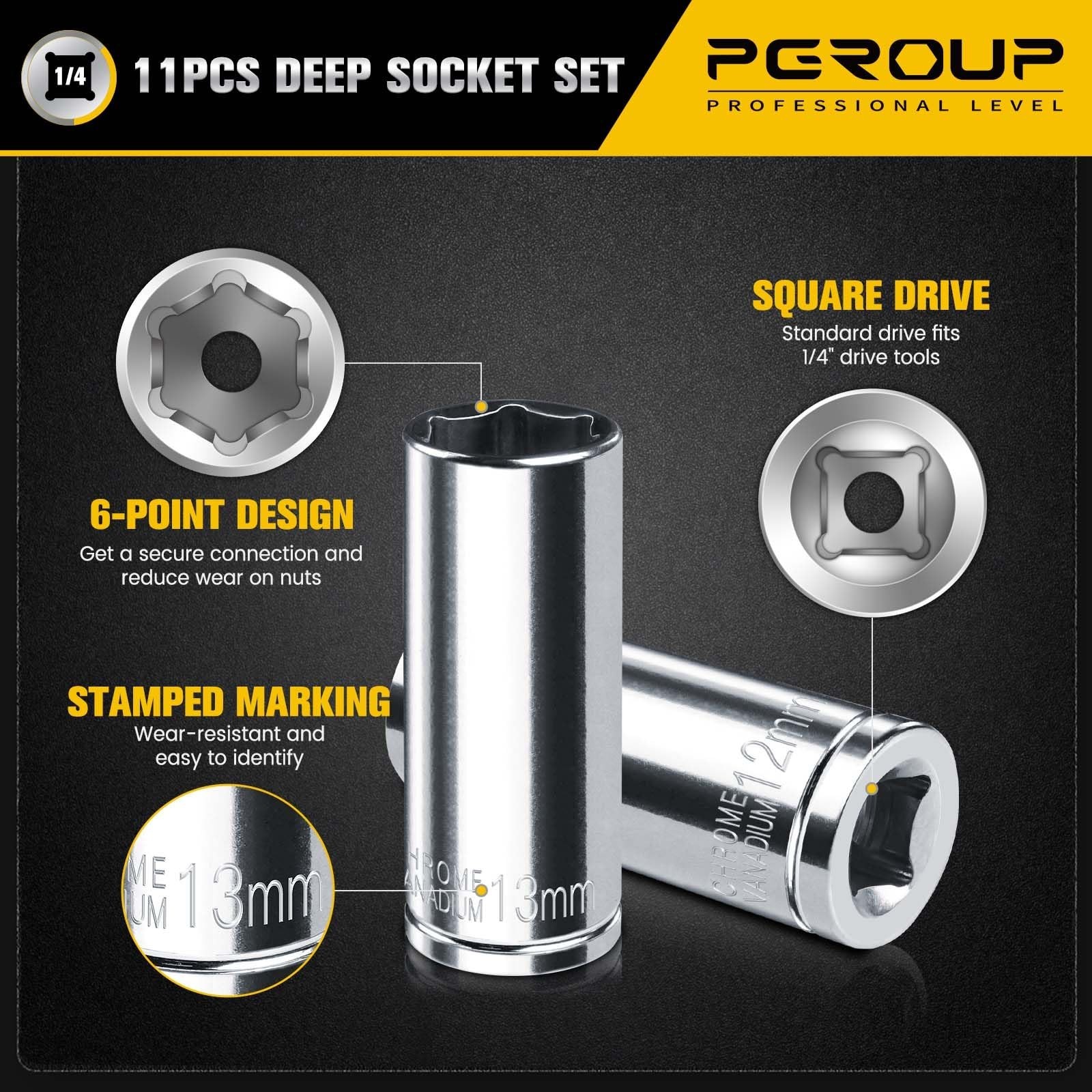 11PCS 1/4″ Drive Deep Socket Set, Metric 4mm-14mm, 6-Point, Chrome Vanadium, Sto