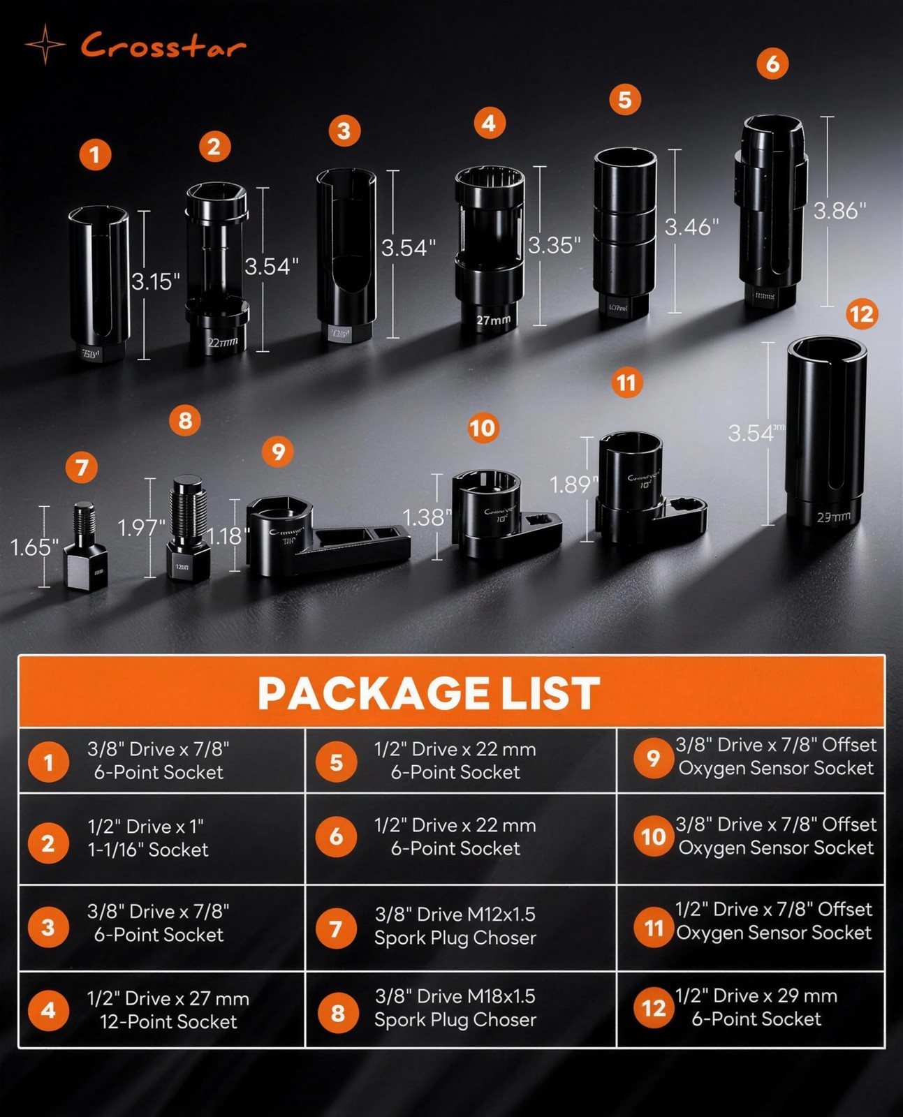 Oxygen Sensor Socket Set Thread Chaser 12Pc 22mm 27mm 11/16in 1/2 3/8in Drive T