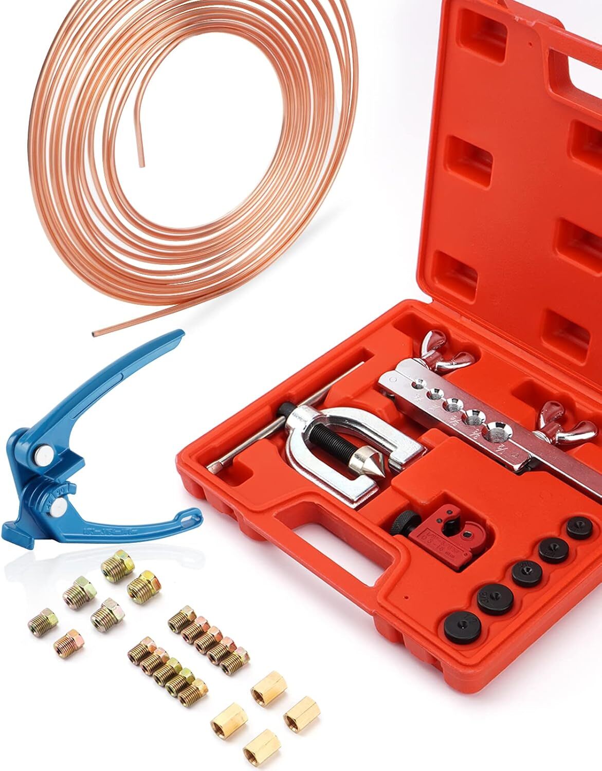 25 ft 3/16 Copper Coated Brake Line Flaring Tool Tube Bender + 20 Fittings Nuts
