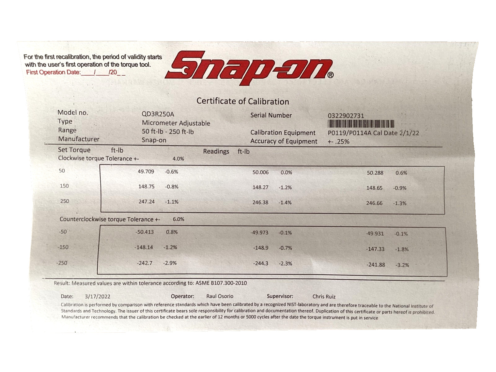 Snap On NEW QD3R250A 1/2″ Drive Adjustable Click Type Torque Wrench 50-250Ft Lbs