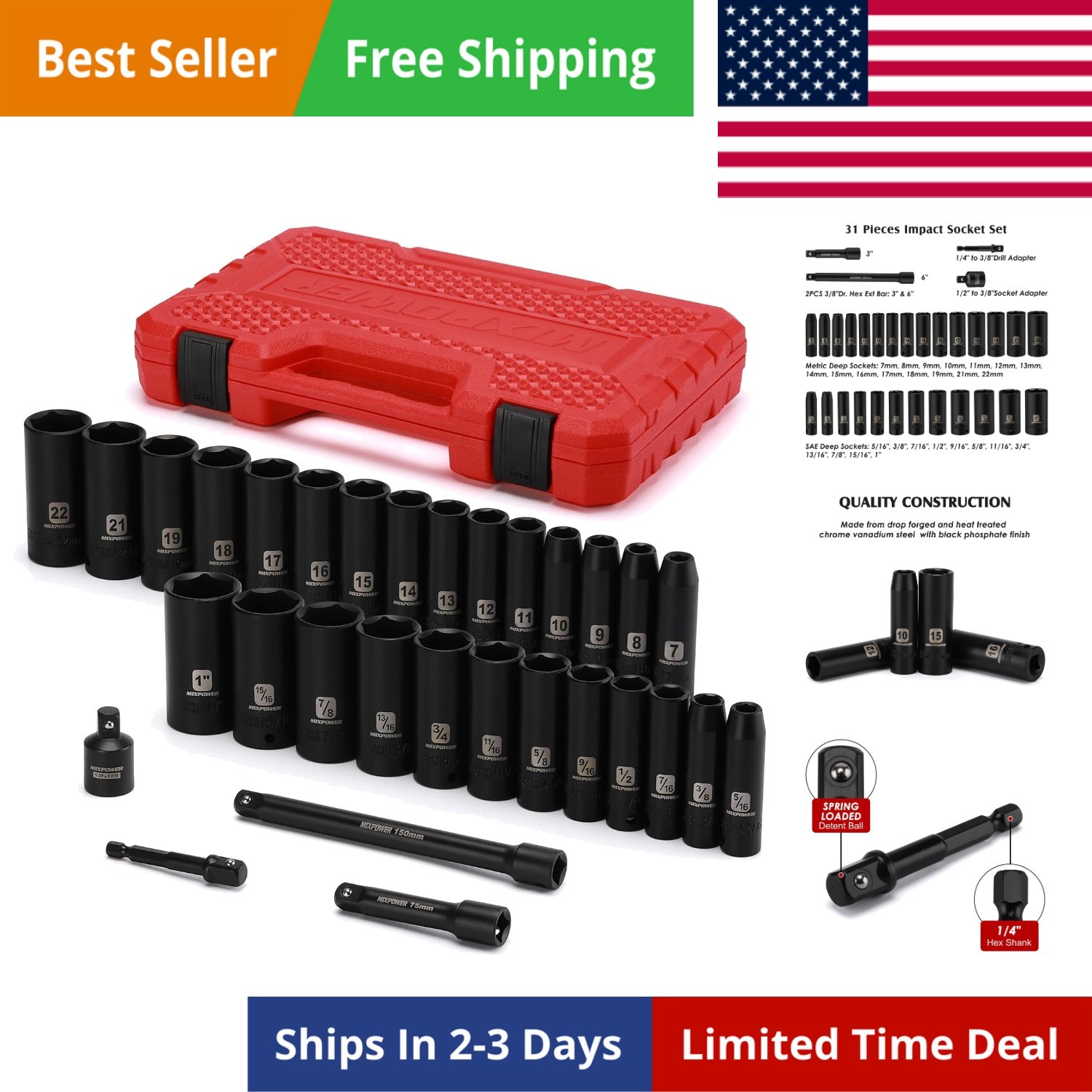 3/8″ Drive Deep Impact Socket Set, 6 Point, 31 Piece SAE and Metric Socket Se…