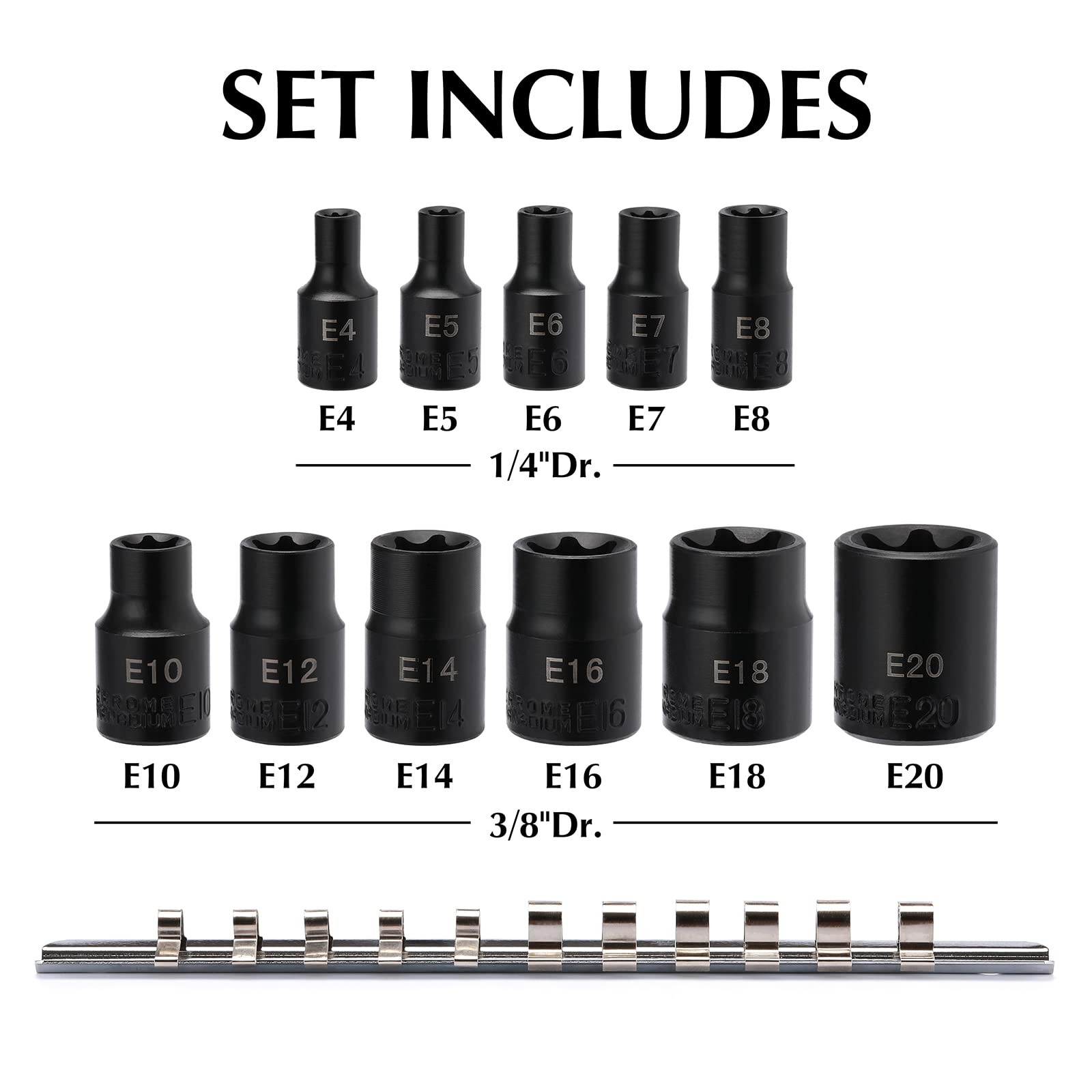EMENTOL 11PCS E-Torx Socket Set with Rail, CR-V, 1/4″ and 3/8″ One Size