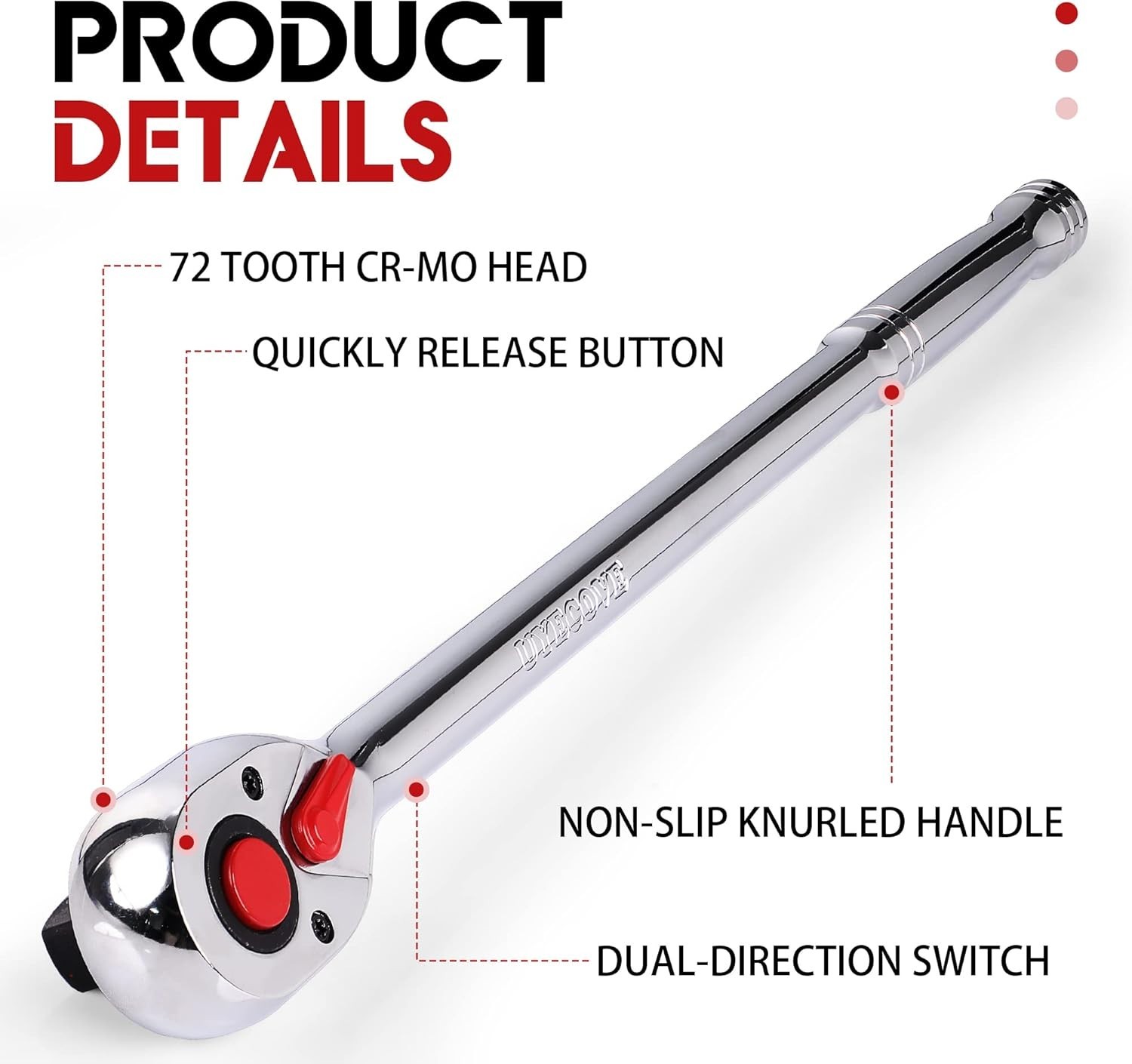 24» Long Chrome Steel 1/2-Inch Ratchet Wrench – Quick-Release, Non-Slip Handle