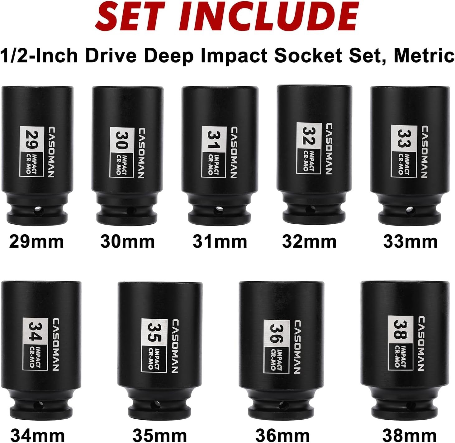 Corrosion-Resistant 1/2-Inch Impact Socket Set – 29mm to 38mm Sizes, 9-Piece