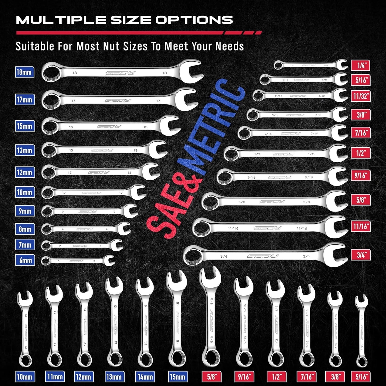 32-Piece Combination Wrench Sets SAE & Metric, Open-Box-End Combination Stubby