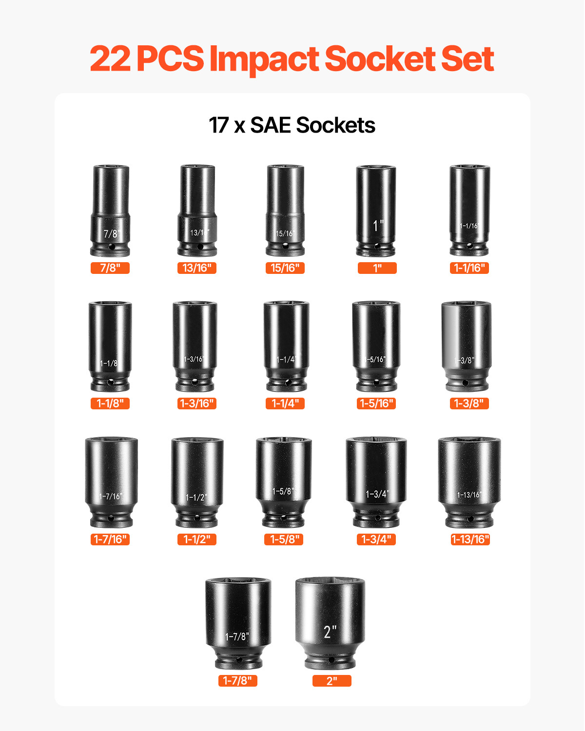 22 Pc Impact Socket Set 3/4″ Drive Deep SAE Cr-Mo Extension Bar Sliding T-Bar