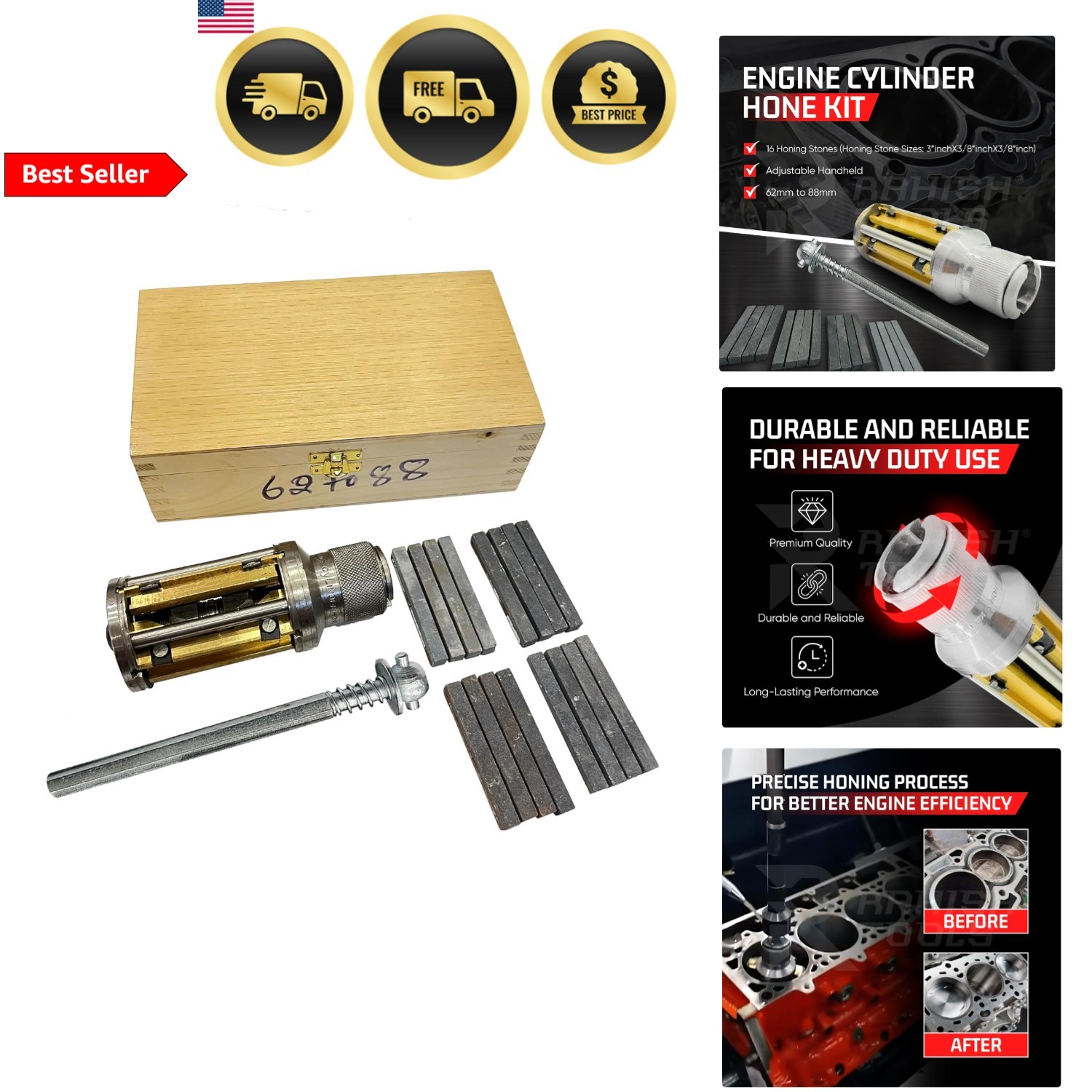 Engine Cylinder Hone Kit 62mm to 88mm Adjustable Handheld Honing Tool with 16…