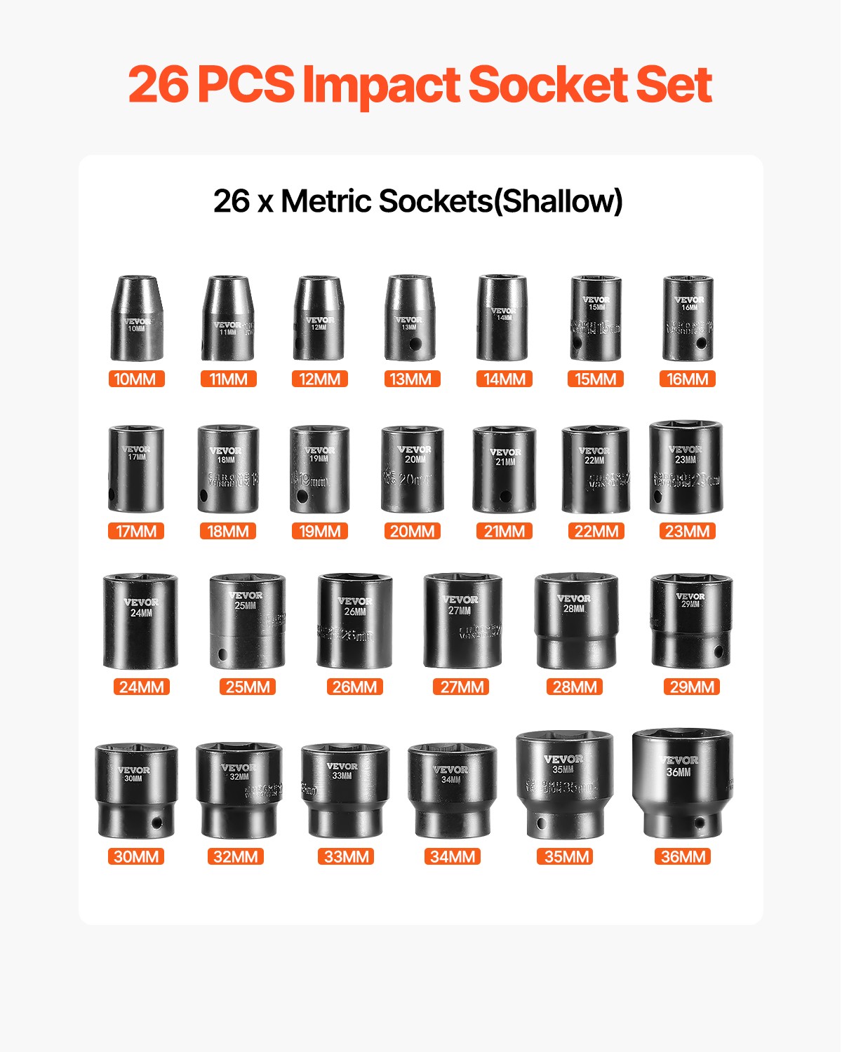 VEVOR Impact Sockets Set 1/2 Inch Drive 26PCS Standard Length Impact Set 6-Point