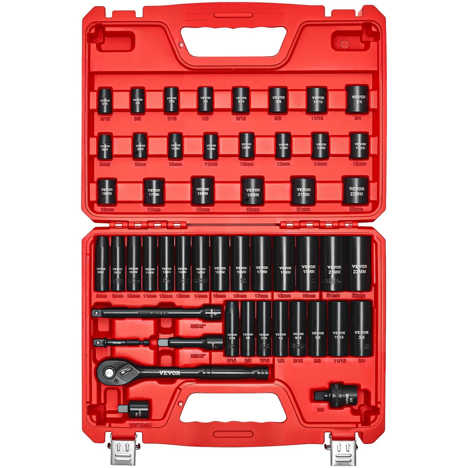 50-Piece 3/8″ Drive Impact Socket Set – SAE & Metric, Deep/Shallow, 6 Point, Rat