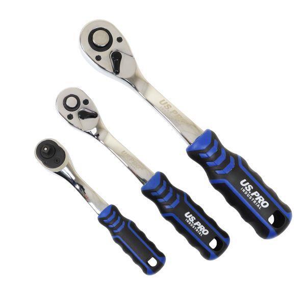 US PRO INDUSTRIAL 3pc 90t Ratchet Set 1/4 3/8 1/2 Drives Curved Handle With Grip
