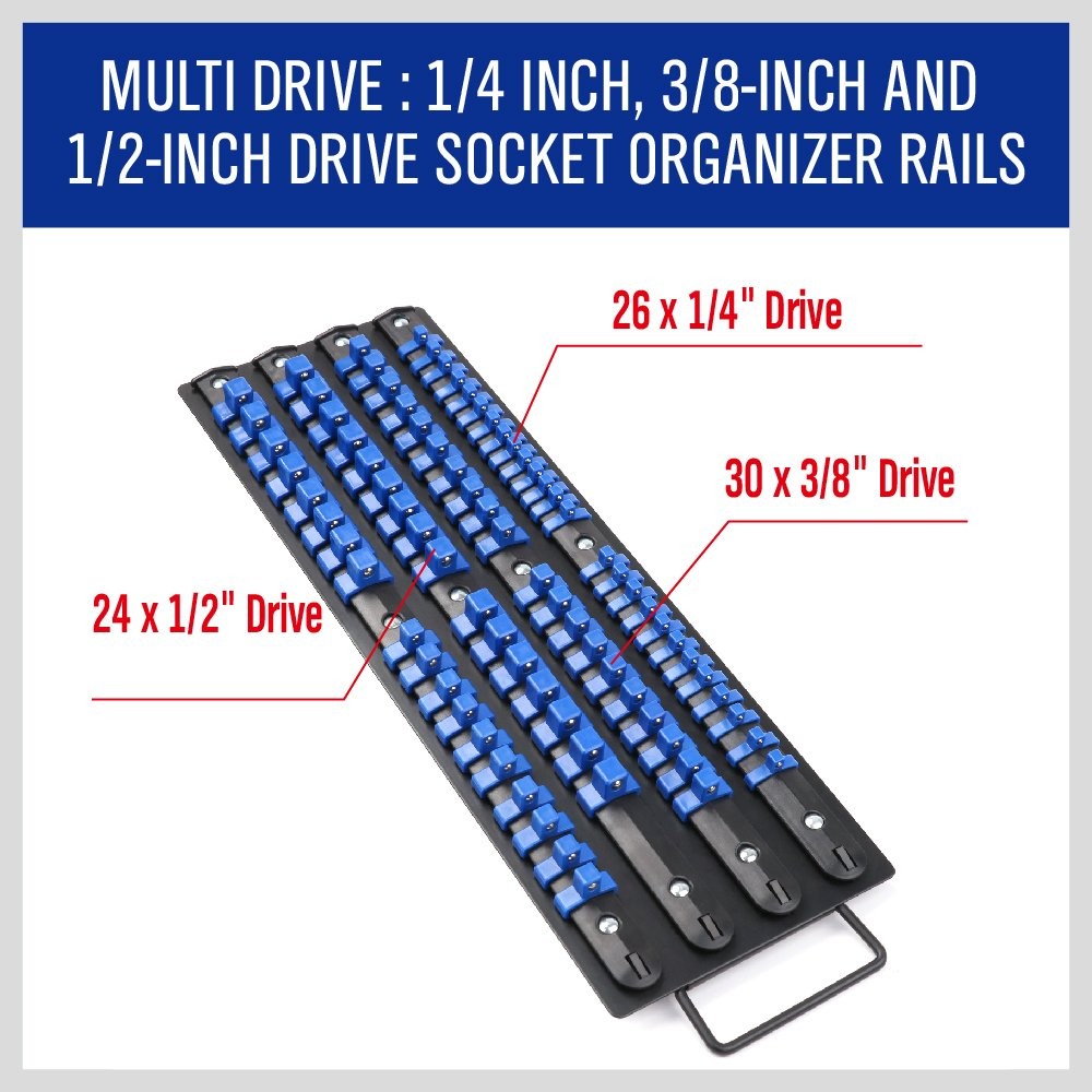 HORUSDY 80-Piece Heavy Duty Socket Organizer, 1/4-Inch, 1/4″ 3/8″ 1/2″, Blue