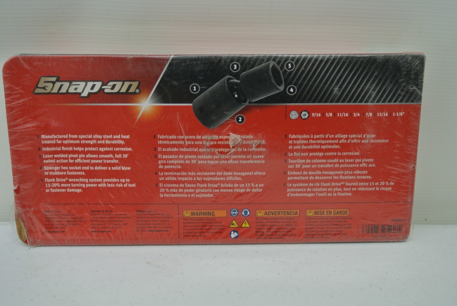 New Snap-on™ 1/2″ drive 9/16″ to 1 1/8″ 6-point IMPACT Swivel Socket Set 307IPLY